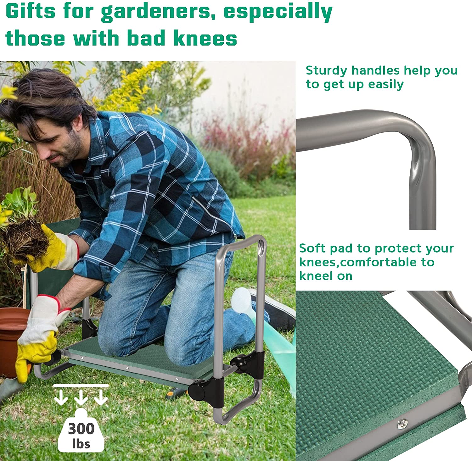 Garden Kneeler and Seat Heavy Duty Kneeling Bench Portable Upgrade Button Folding Stool, Gardener w/Tool Pouch - Bosonshop