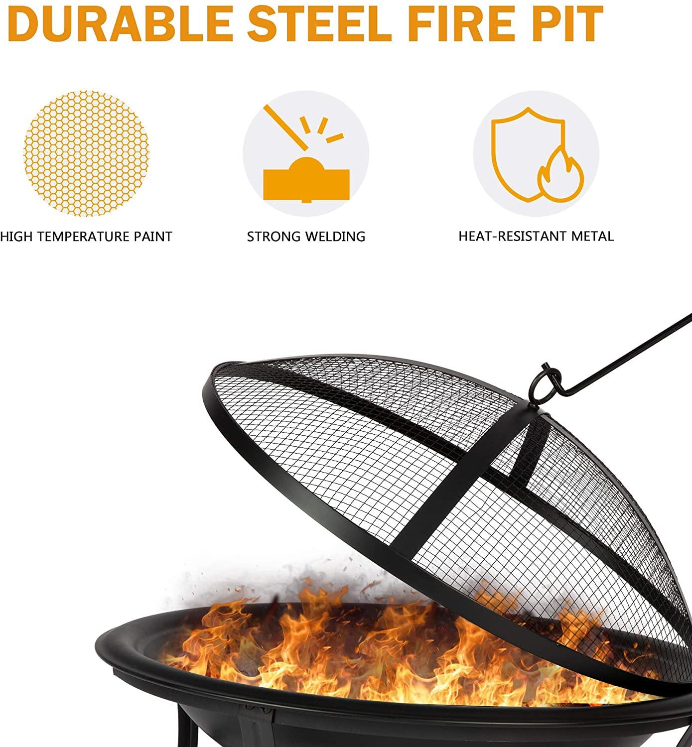 22'' Outdoor Wood Burning BBQ Grill Firepit Bowl w/Spark Round Mesh Spark Screen Cover Fire Poker Patio Steel Fire Pit Bonfire for Backyard Camping - Bosonshop