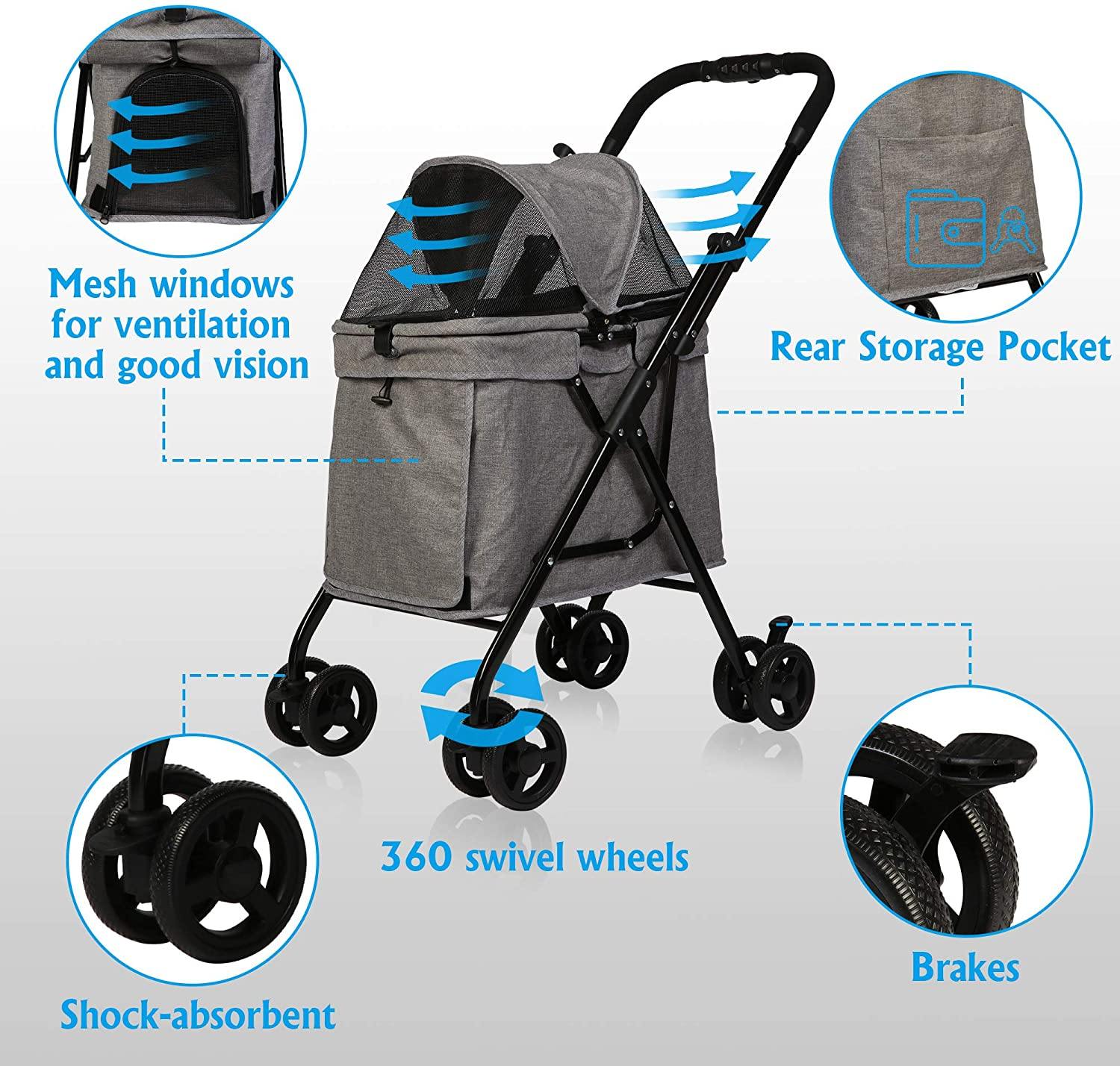 Luxury 4 Wheels Folding Pet Stroller for Medium Dogs Cats - Bosonshop