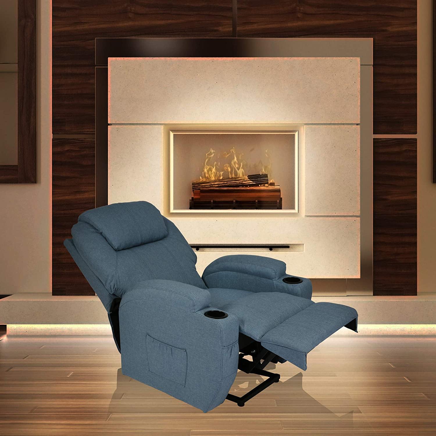 Single Recliner Chair with Massage & Heating Ergonomic Lounge Massage Sofa Power Lift with 2 Cup Holder Home Theater Seat, Fabric, Blue - Bosonshop