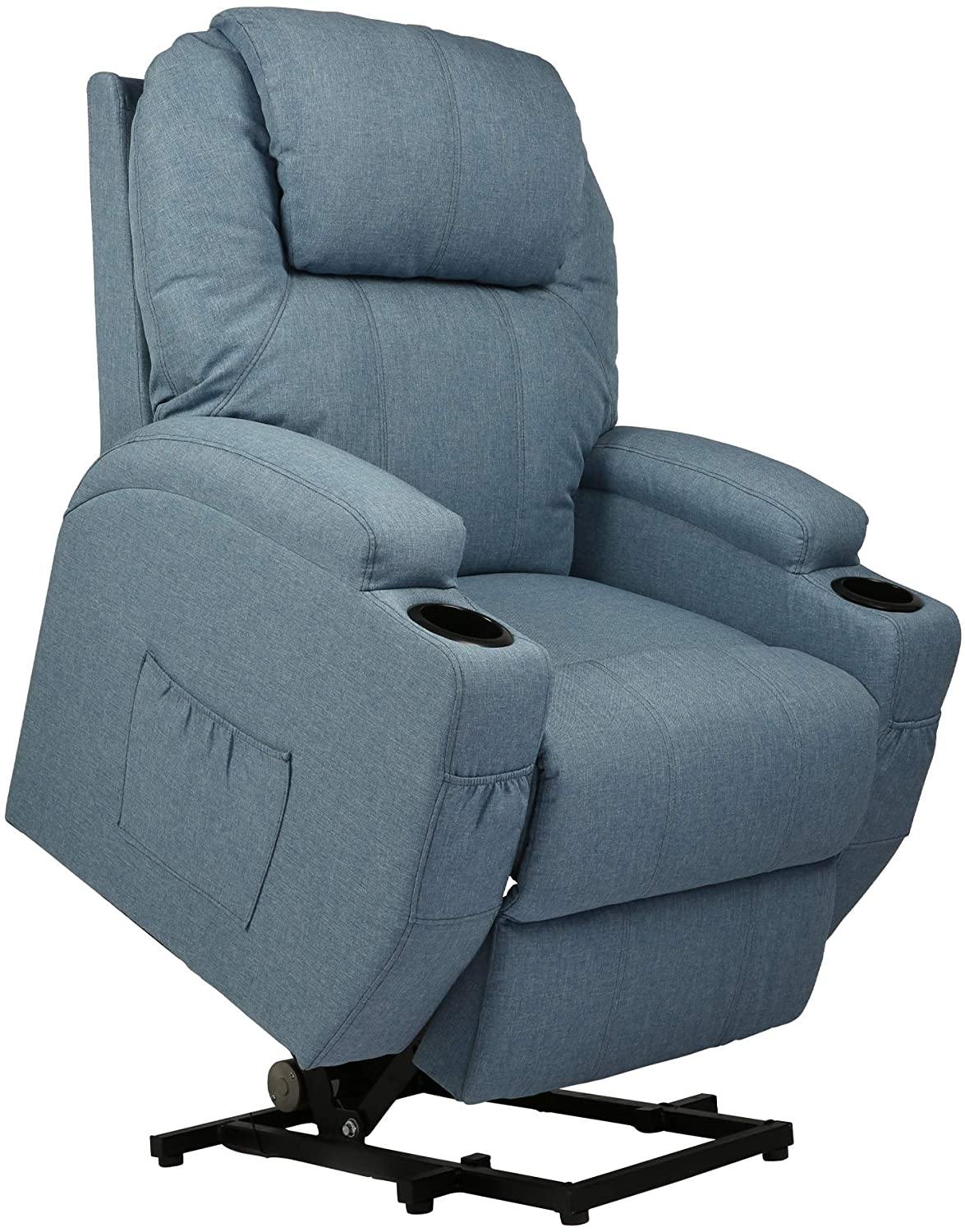 Single Recliner Chair with Massage & Heating Ergonomic Lounge Massage Sofa Power Lift with 2 Cup Holder Home Theater Seat, Fabric, Blue - Bosonshop