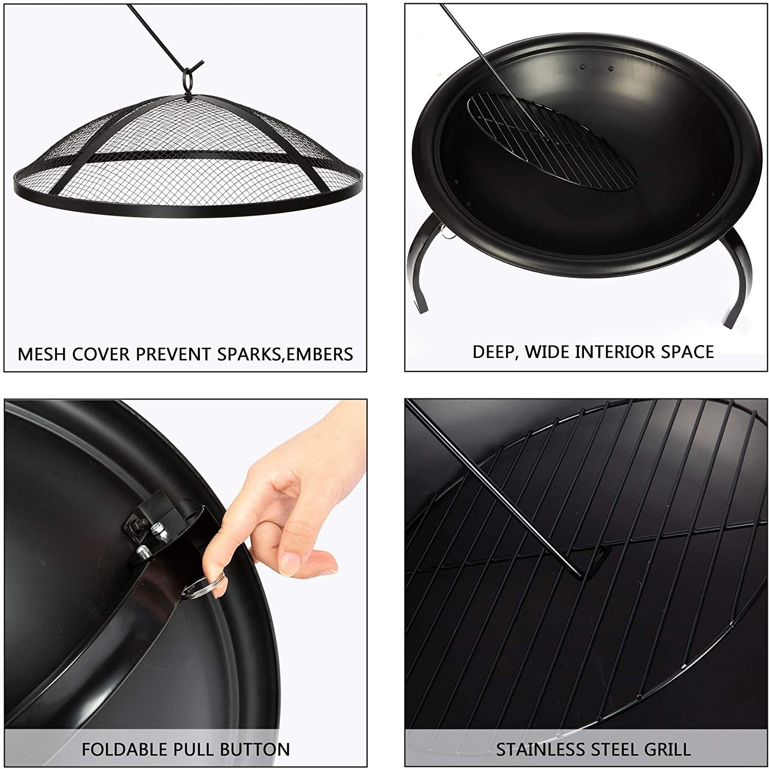 Fire Pit, 21'' Outdoor Patio Steel Fire Pit Wood Burning BBQ Grill Firepit Bowl with Round Mesh Spark Screen Cover Fire Poker - Bosonshop