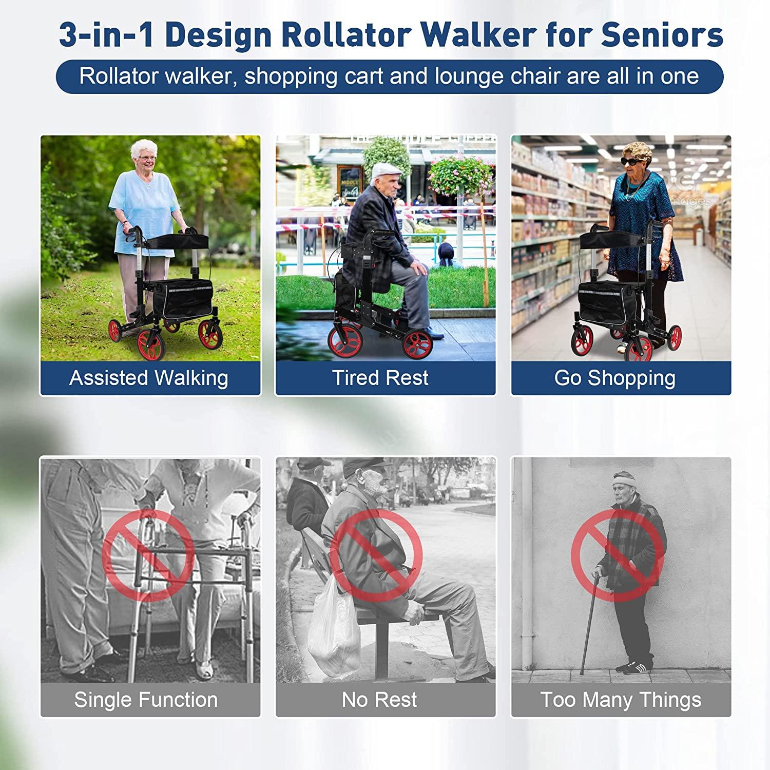 3-in-1 Folding Rollator Walker with Adjustable Handles and Seat Backrest for Seniors and Adults - Bosonshop