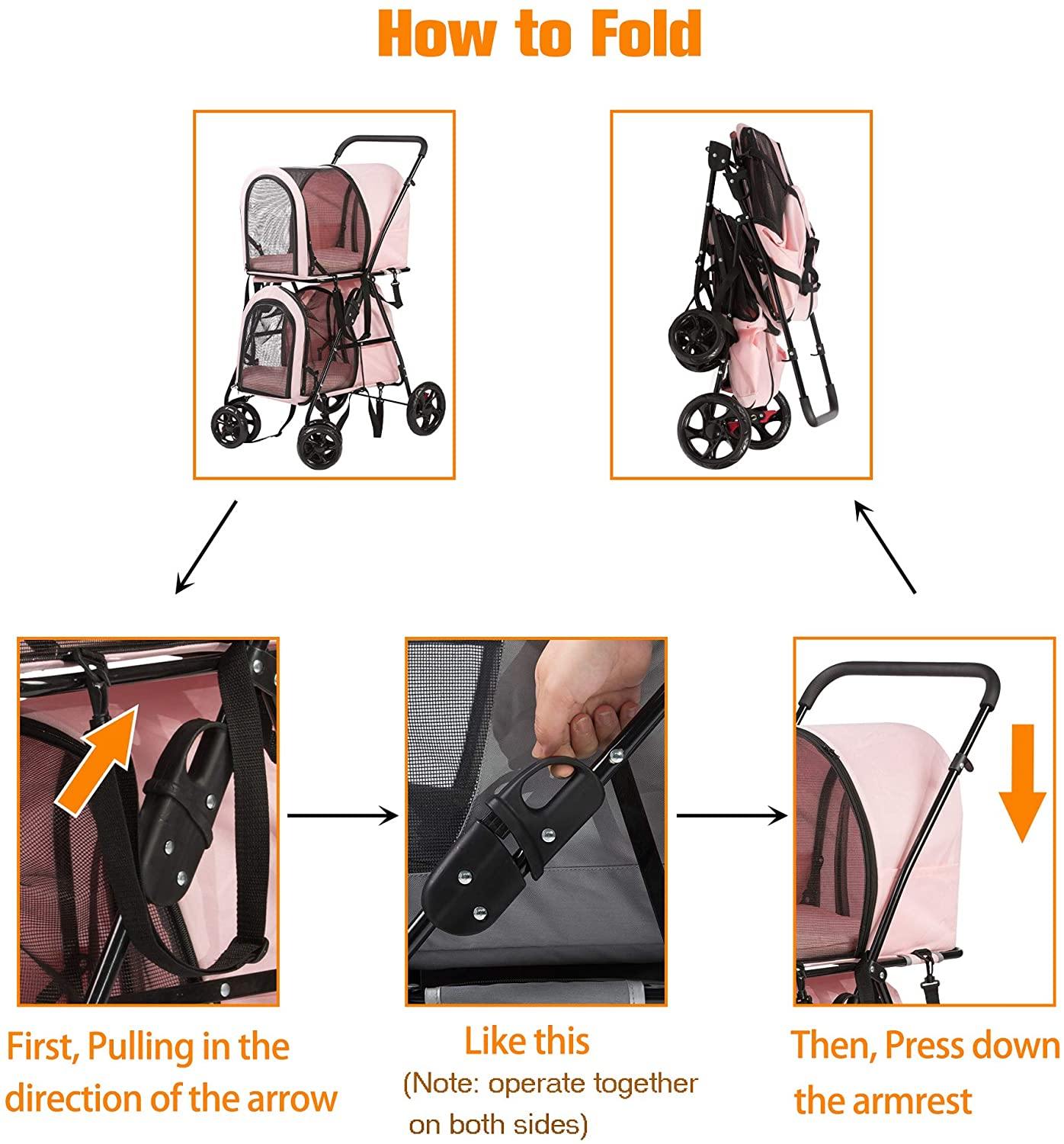 Foldable Pet Stroller, Double Decker Stroller Folding Portable Jogging Travel Carrier Cage for Small Medium Dogs and Cats (Pink) - Bosonshop