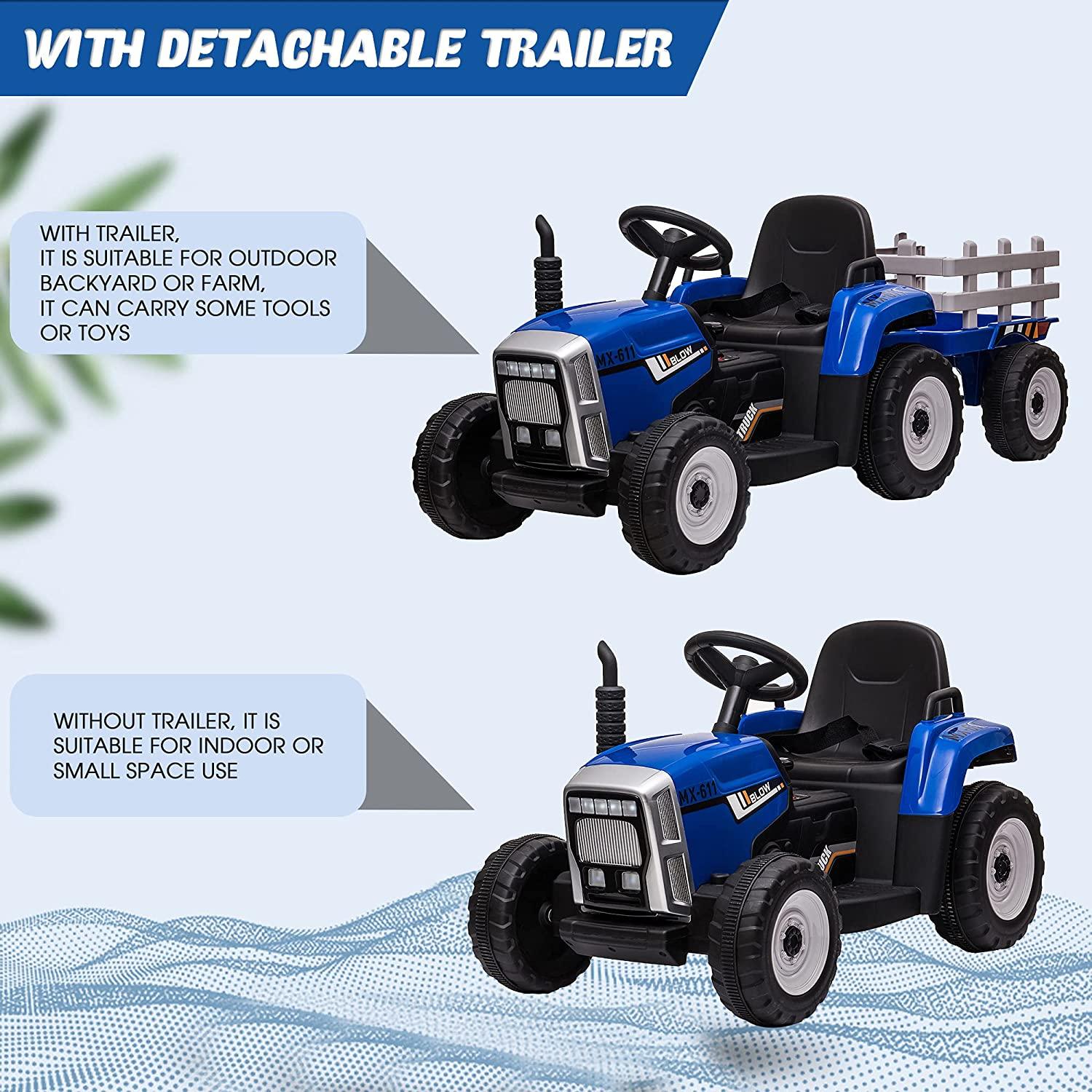 Kids Ride On Tractor - 12V Battery Powered Electric Motorized Vehicles Car with Trailer, Remote Control, Music, Light, USB, Bluetooth - Blue - Bosonshop