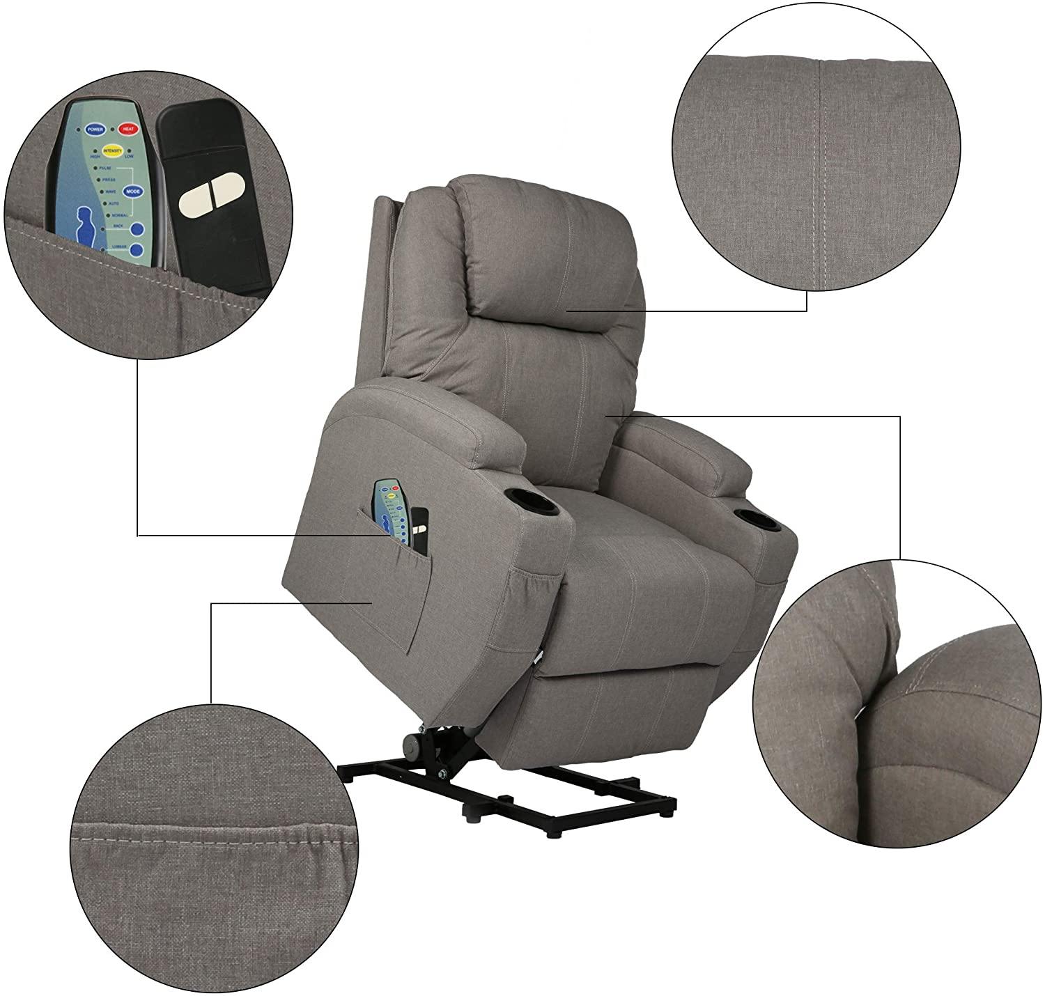 Single Recliner Chair with Massage & Heating Ergonomic Lounge Massage Sofa Power Lift with 2 Cup Holder Home Theater Seat, Fabric, Grey - Bosonshop