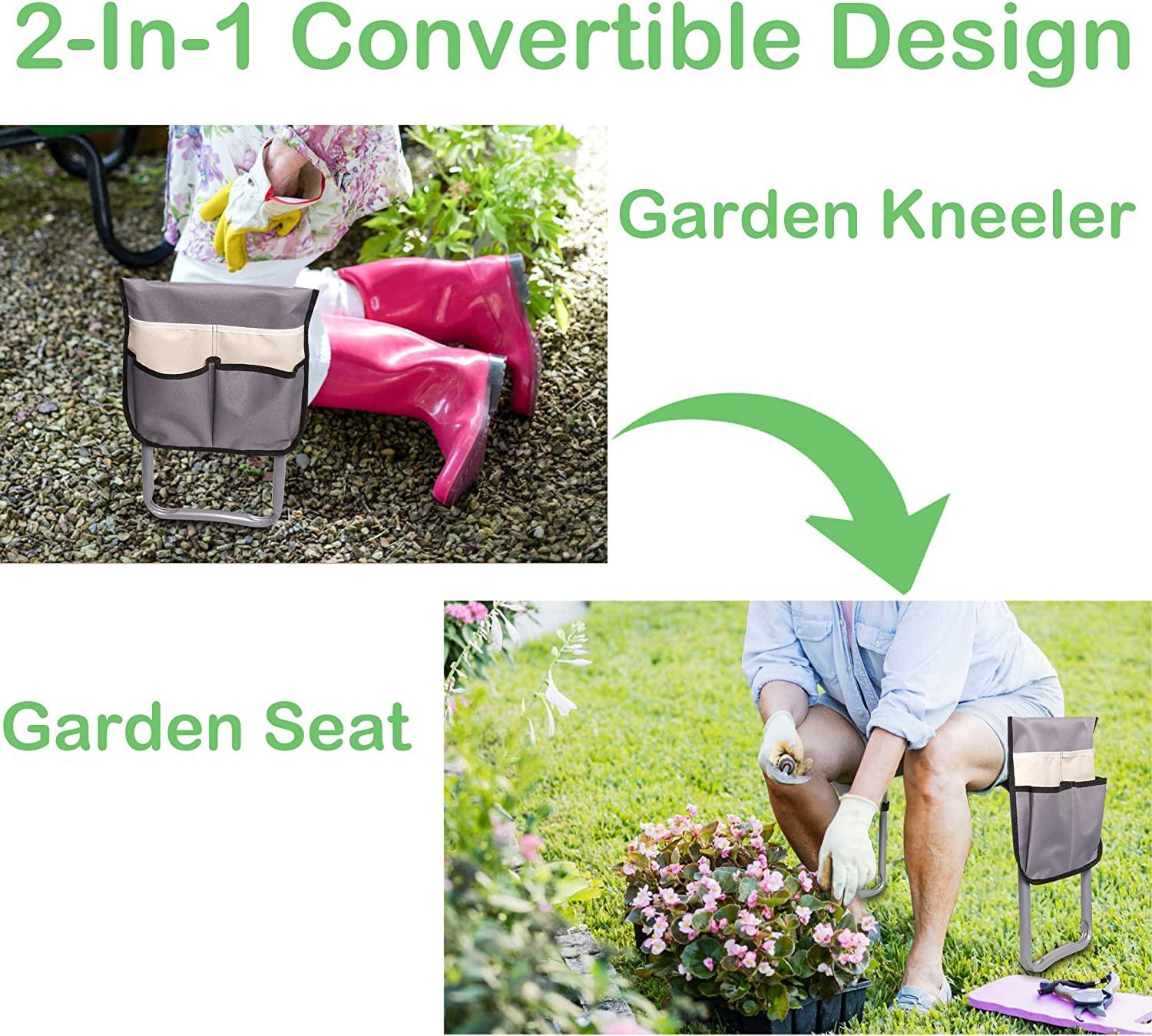 2-in-1 Garden Kneeler Stool Gardening Bench for Kneeling or Sitting with 2 Tool Bag Pouch, Green - Bosonshop