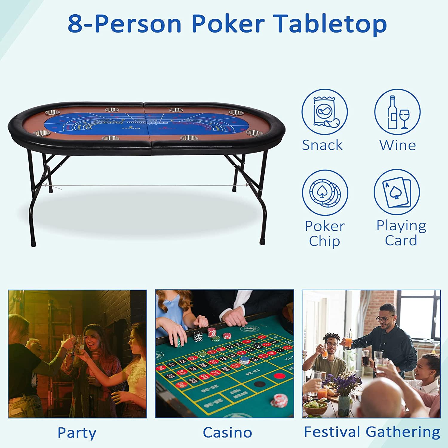 Foldable Poker Table w/Stainless Steel Cup Holder Casino Leisure Table Blue Felt Surface - Bosonshop