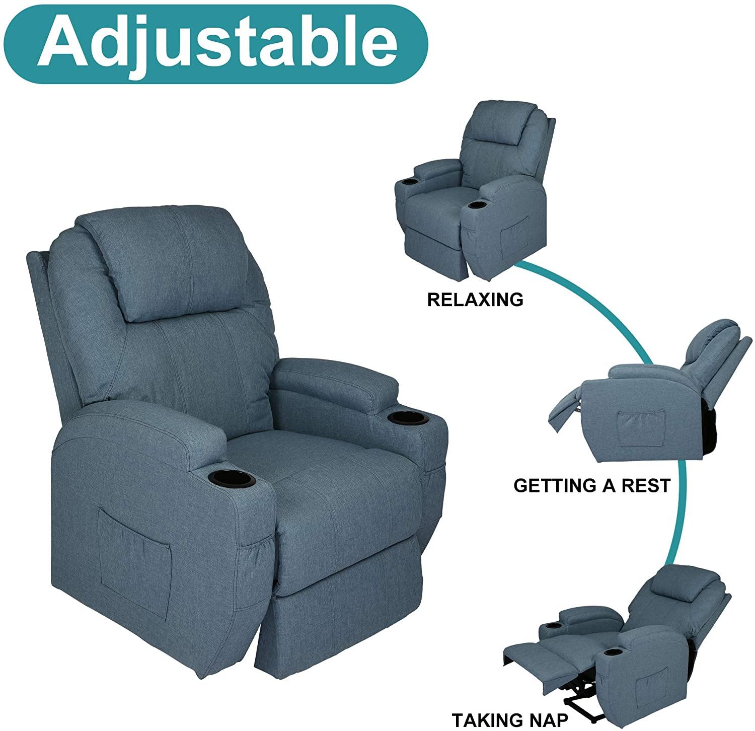 Single Recliner Chair with Massage & Heating Ergonomic Lounge Massage Sofa Power Lift with 2 Cup Holder Home Theater Seat, Fabric, Blue - Bosonshop