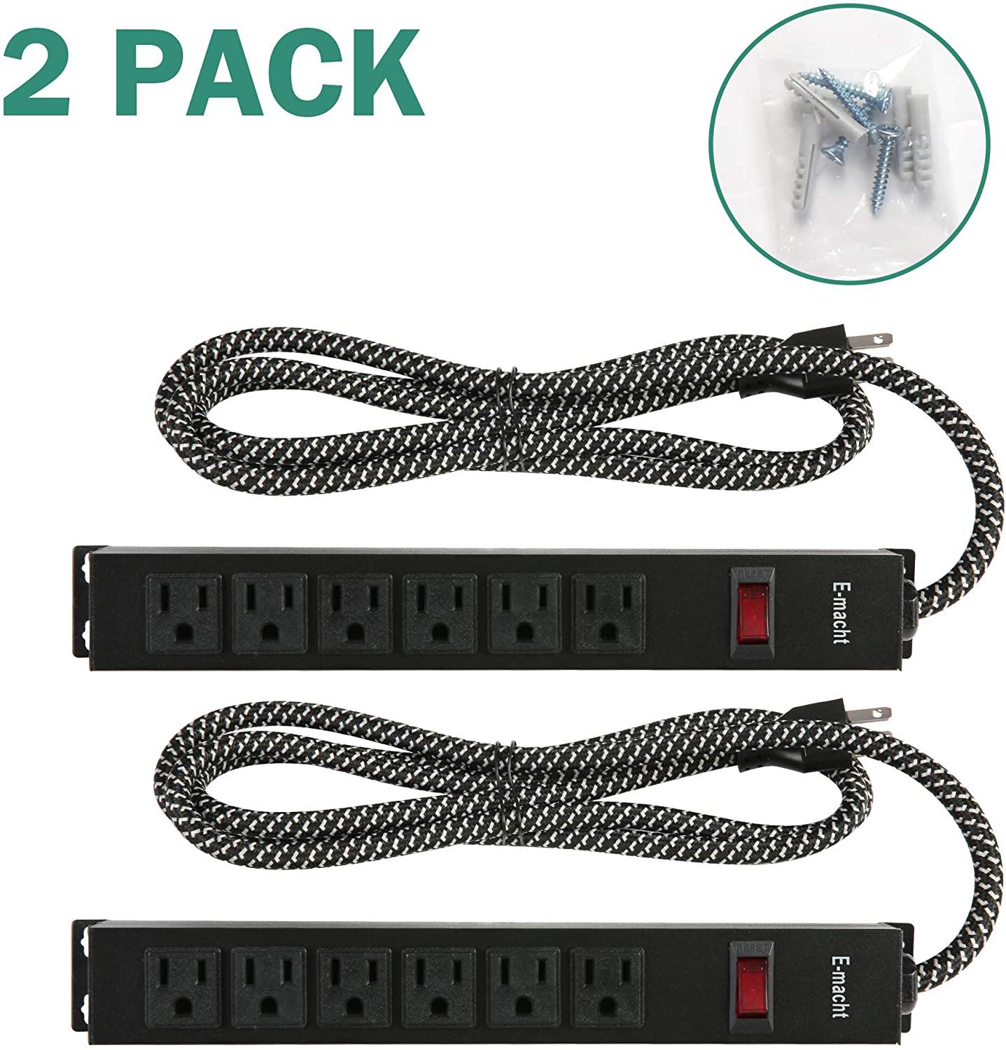 Long Power Strip Surge Protector, 6 Outlets Metal Heavy Duty Power Outlet, Wall Mountable, 6 ft Long Extension Cord, 2 Pack, Black - Bosonshop