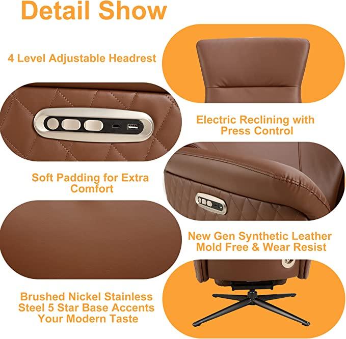 Power Recliner Lounge Chair Single - Swivel Leather Electric Recliner Adjustable Headrest Footrest Lumbar Support Zero Gravity, Brown - Bosonshop