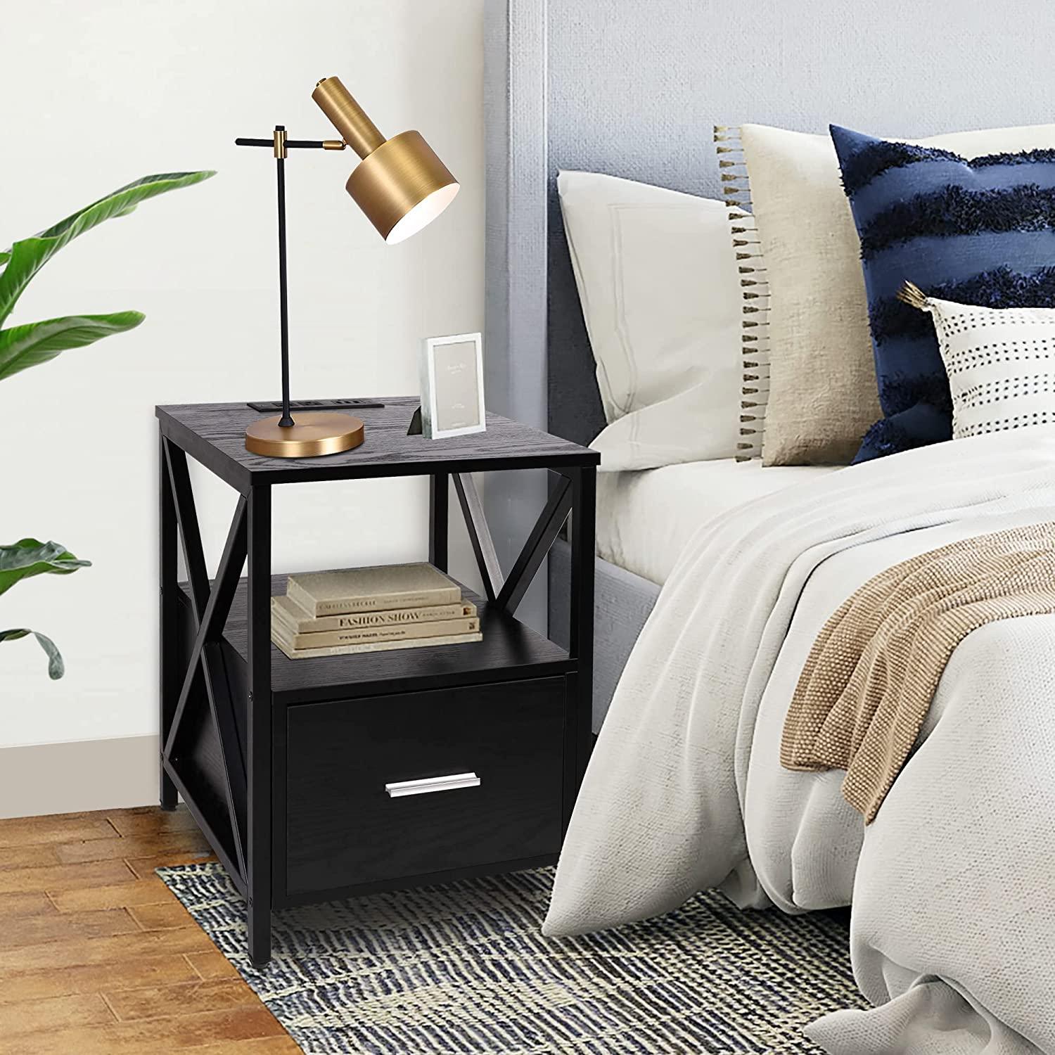 Nightstand Set of 2 Side Table with Charging Station USB Drawer Storage Night Stand BedSide Table with Drawer End Side Table with Storage Wood Accent Table (Black 1 Drawers 2 PC) - Bosonshop