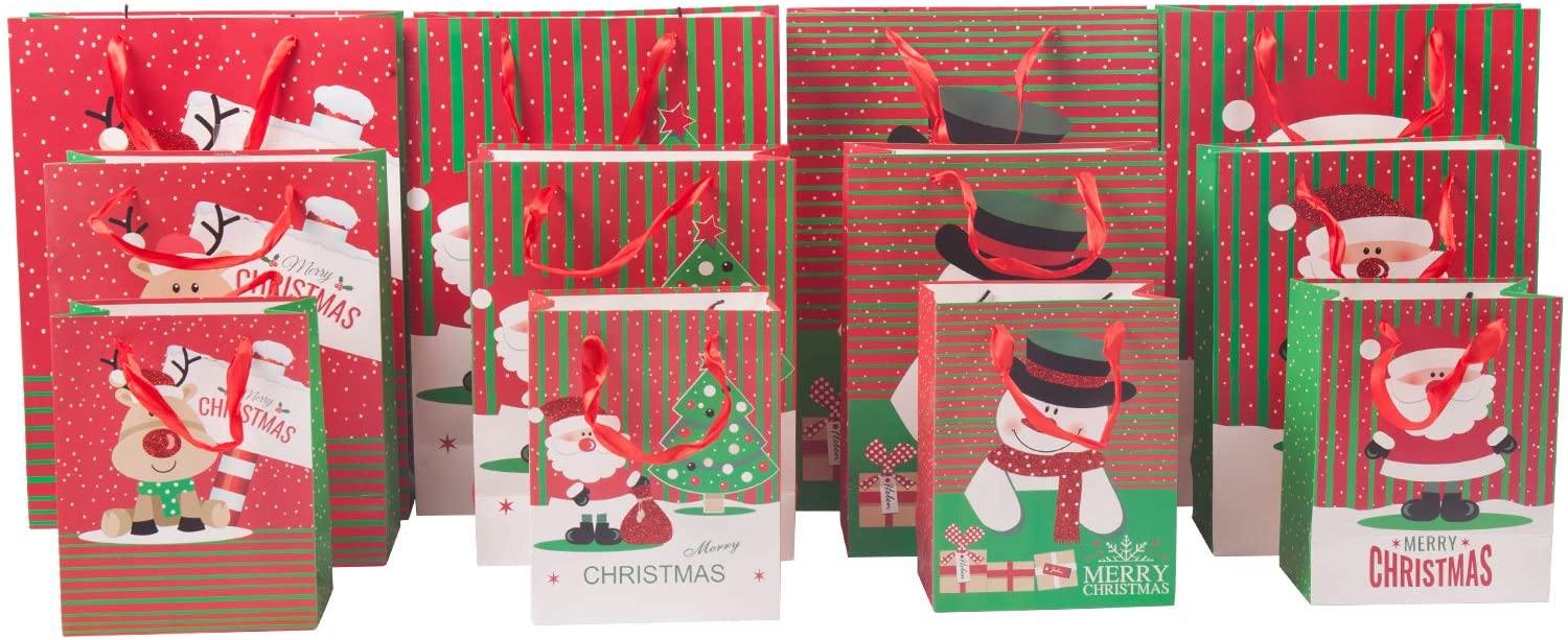 Christmas Paper Gift Bags Bulk Assortment 1 Dozen Holiday Themes Print Gift Bags with Handles 3 Sizes 4 Patterns Character - Bosonshop