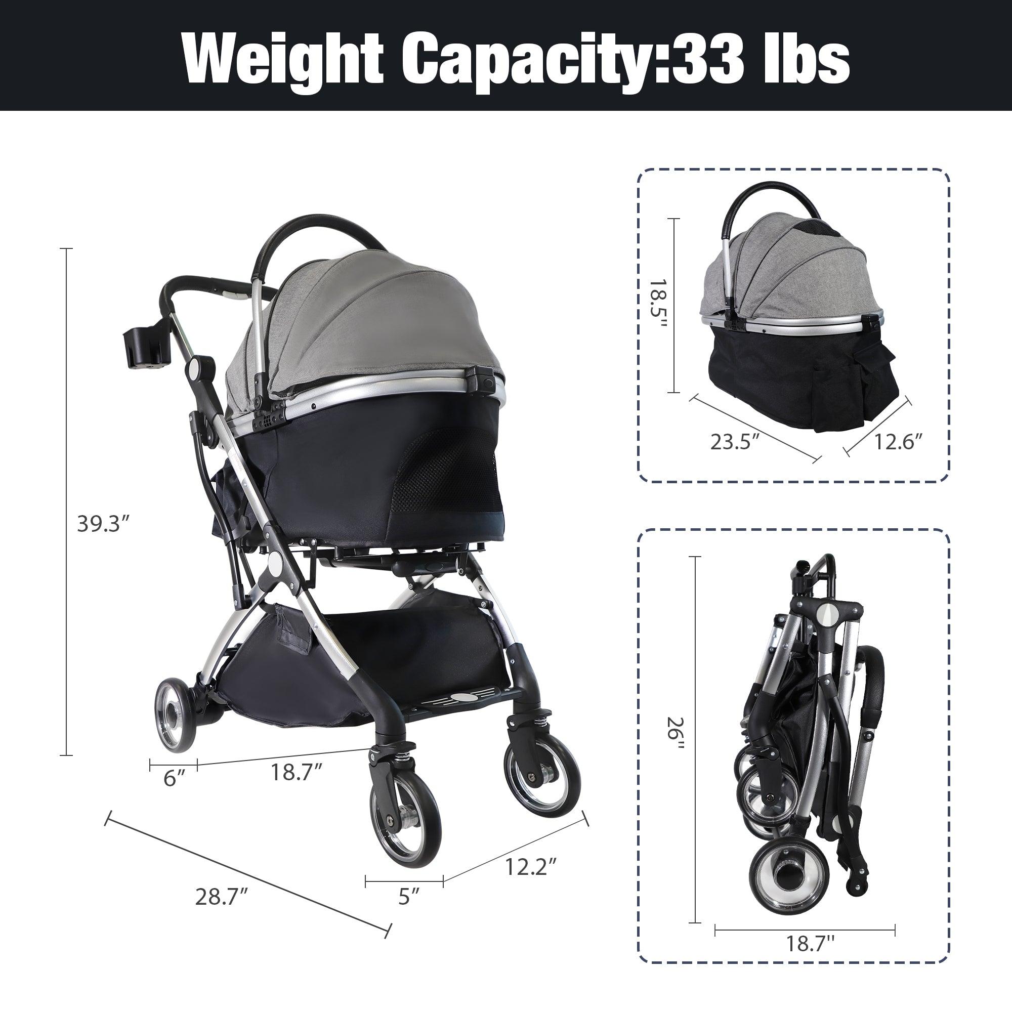 Foldable Pet Stroller 3 in 1 Design Detachable Carrier Telescopic Handle Aluminum Alloy Frame Up to 33 lbs Capacity Gray - Bosonshop