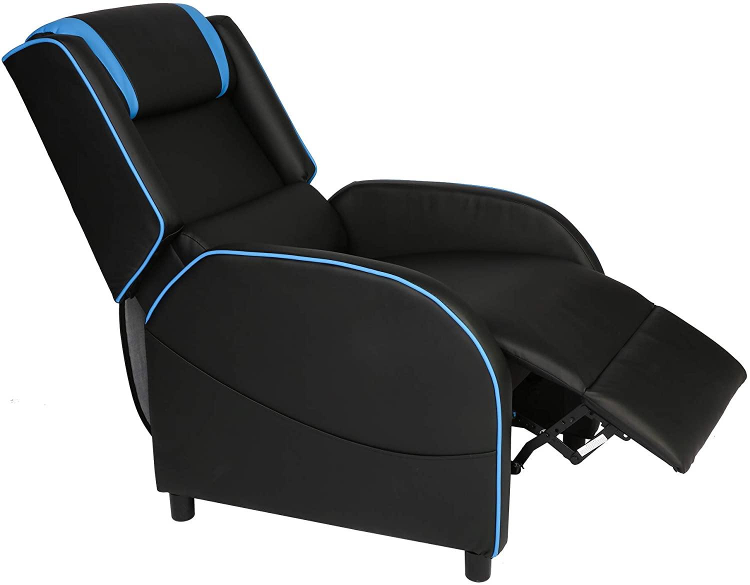 Racing Recliner Chair PU Leather Single Sofa Adjustable Gaming Style Seating Recliner Sofa Living Room Recliner, Blue - Bosonshop