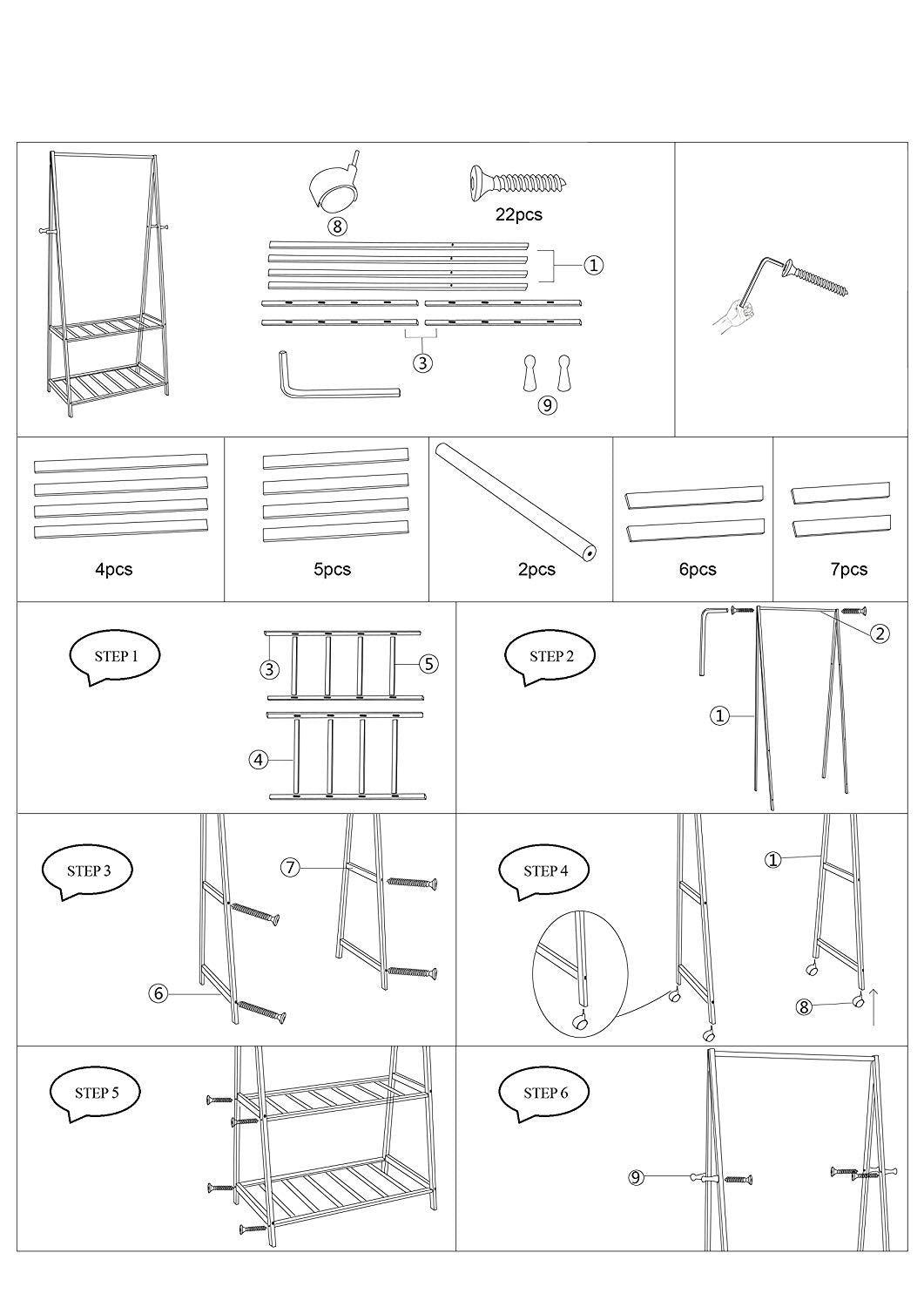 Bosonshop Bamboo Garment Clothing Rack with Wheels and Hooks