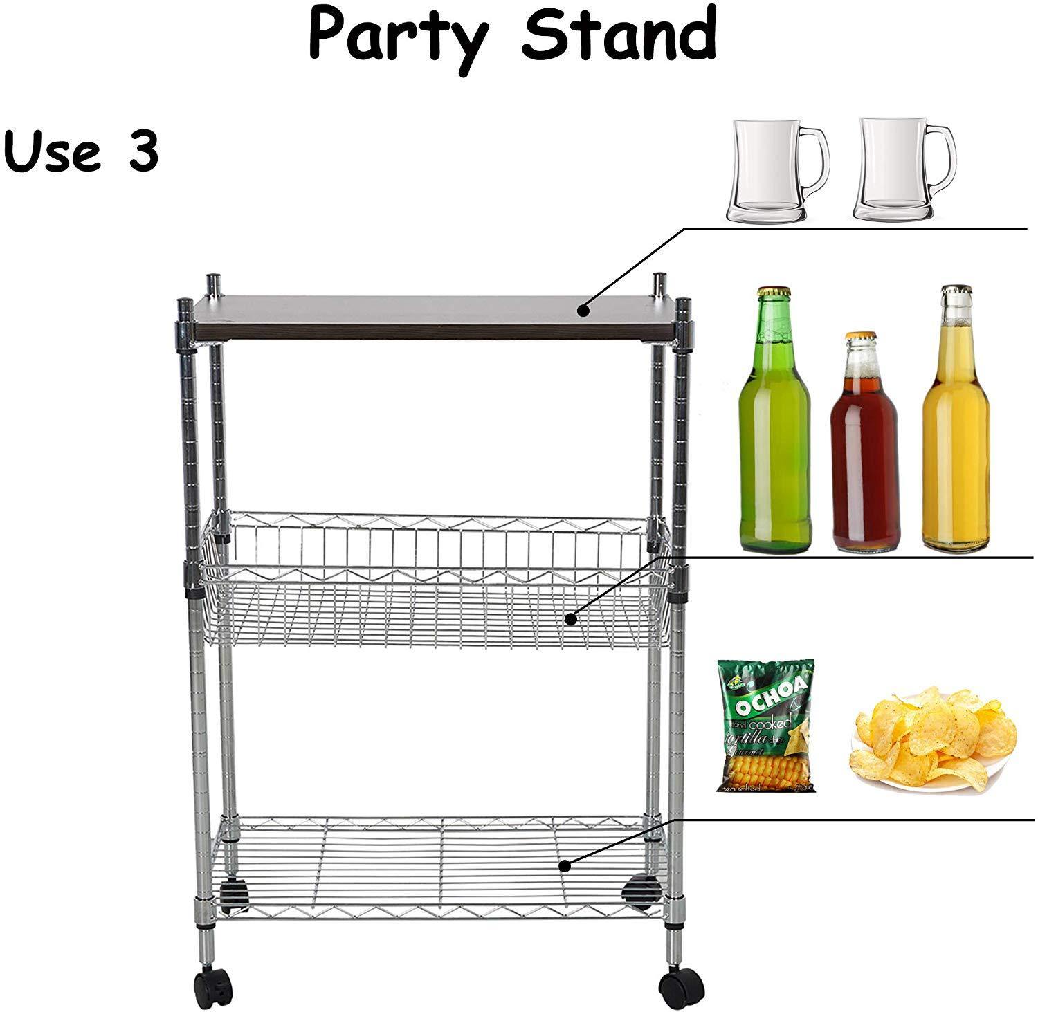 3-Tier Wire Rolling Cart Kitchen Shelf Organizer Rack with Chopping Board and Wheels Shelving Unit Storage Cart - Bosonshop