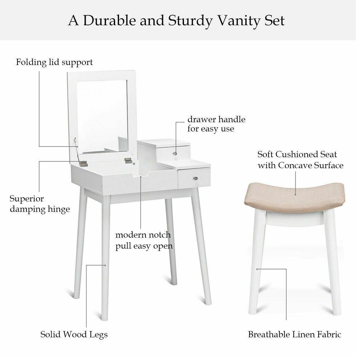 Vanity Table Set with Flip Mirror Desk Furniture Stool - Bosonshop