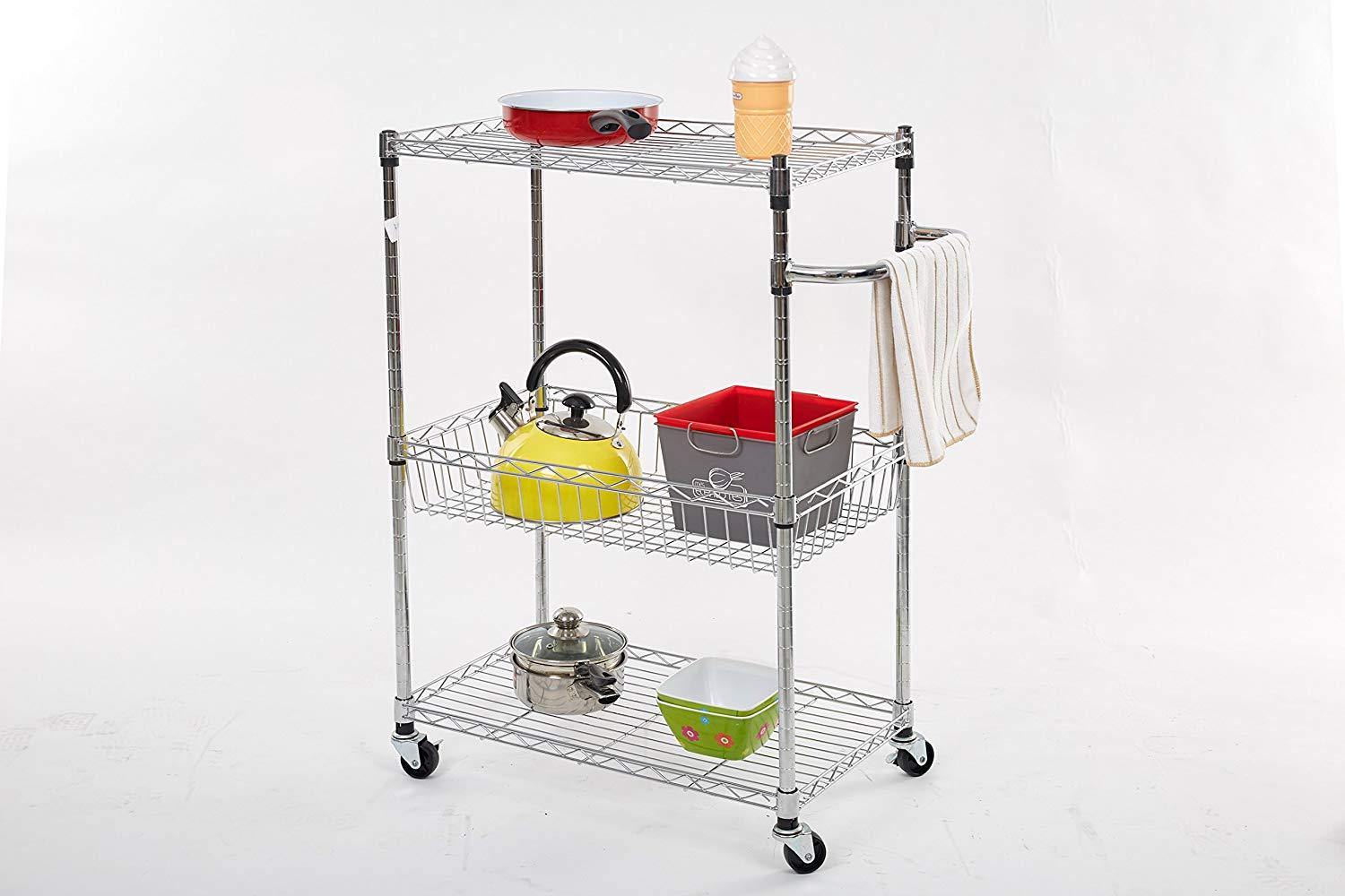 Bosonshop 3 Tier Wire Rolling Cart,Kitchen and Microwave Cart with Basket,Chrome Finish