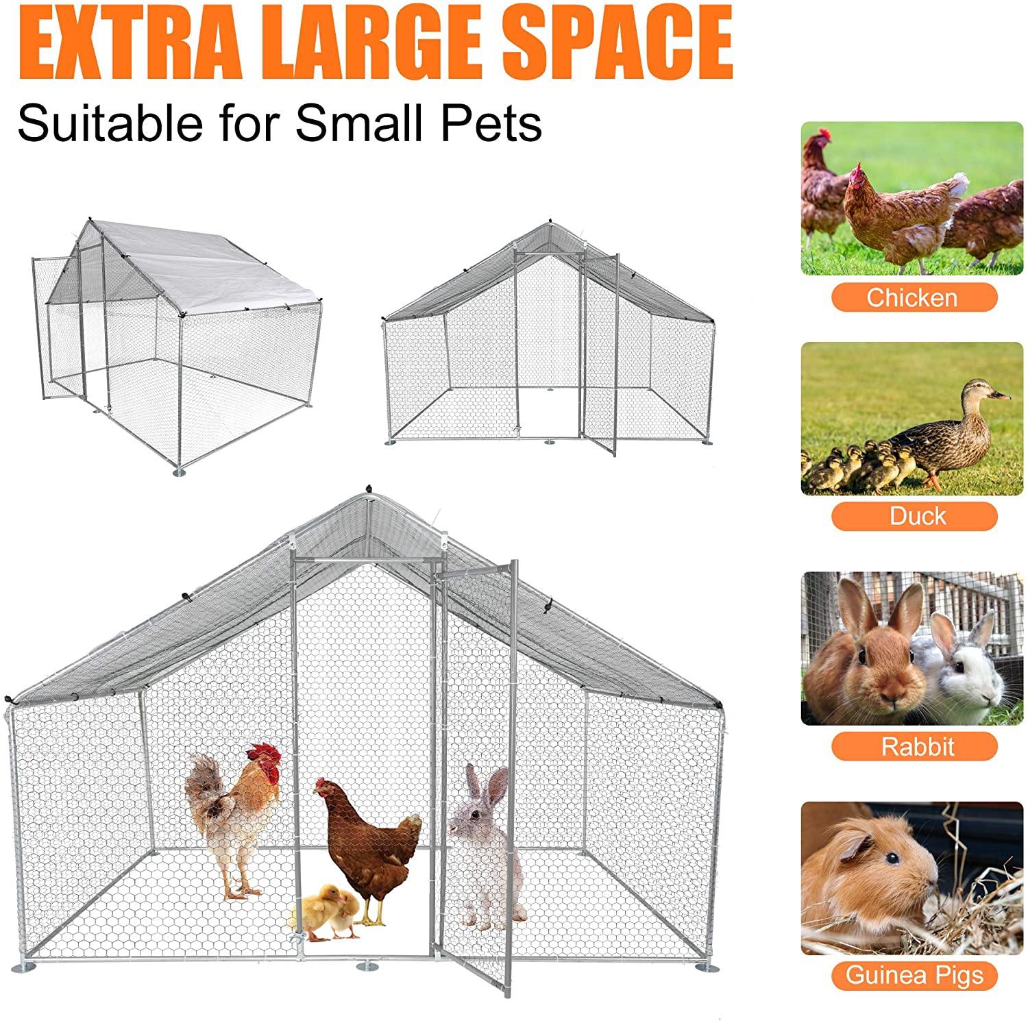 Outdoor Metal Chicken Coop Large Walk-in Poultry Cage Backyard Hen House with Chicken Run Cover for Farm Home Use 10x6.5x6.5ft - Bosonshop