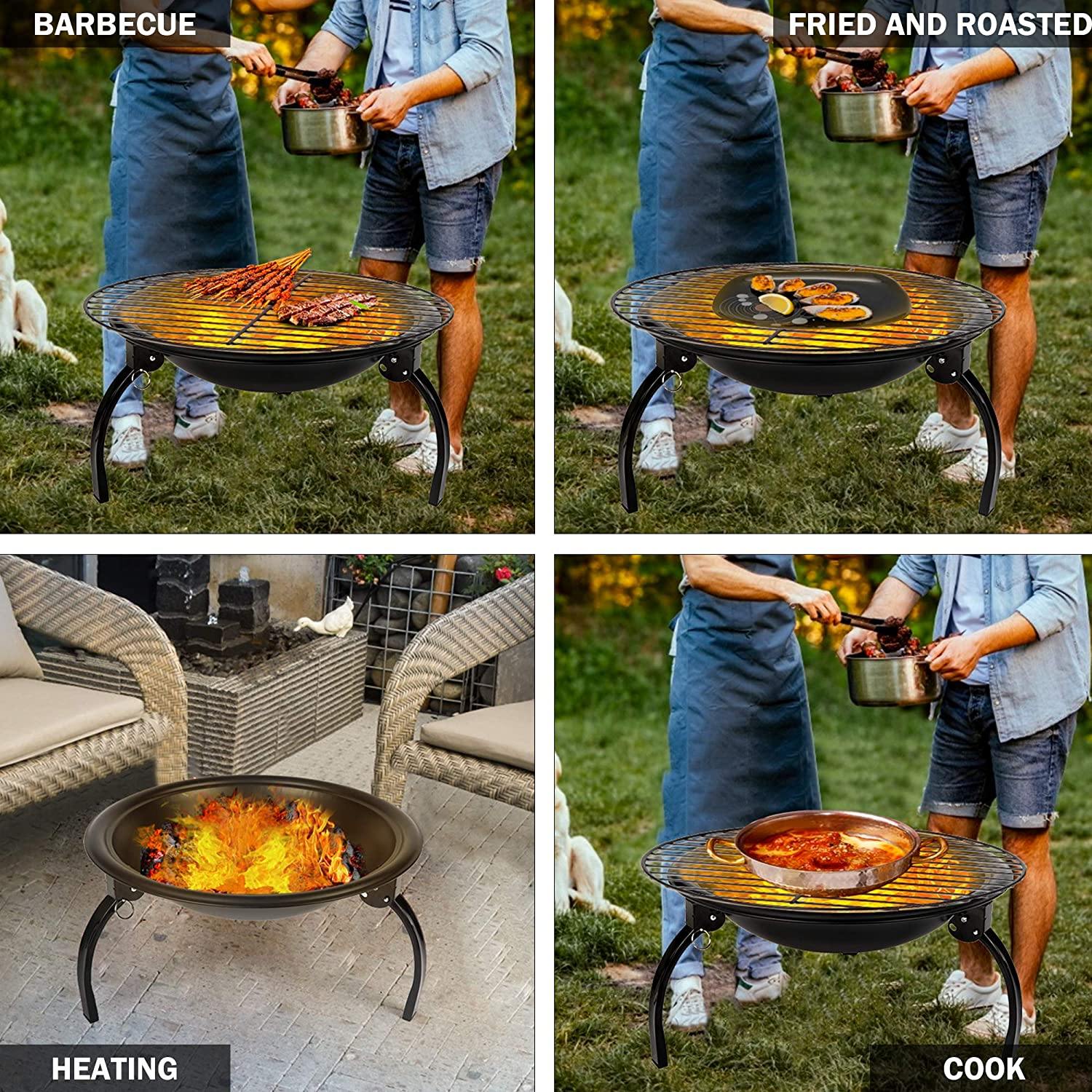 Fire Pit, 21'' Outdoor Patio Steel Fire Pit Wood Burning BBQ Grill Firepit Bowl with Round Mesh Spark Screen Cover Fire Poker - Bosonshop