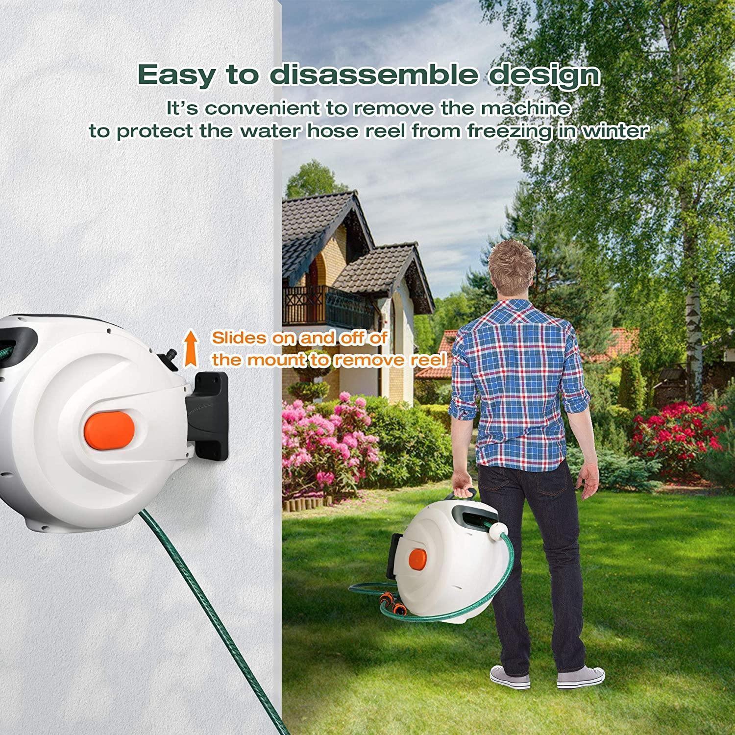 Hose Reel 66 Feet Retractable Garden Hose Reel Mobile Cart Wall Mount Easy to Remove - Bosonshop