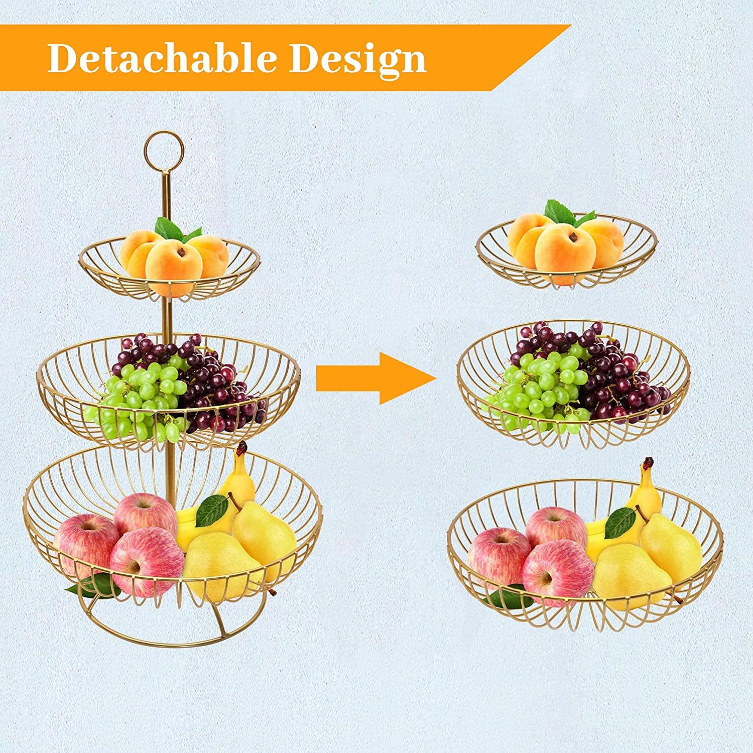 Fruit Basket for Kitchen Counter Fruit Vegetable Stand Stacked 3-Tier Bowls, Dining Table Counter Organizer, Modern Fruit Basket Stand, Golden - Bosonshop