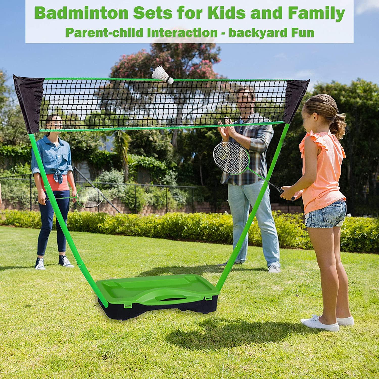 Portable Badminton Net Set Storage Box Base with 2 Battledores 2 Shuttlecocks Large, Green - Bosonshop