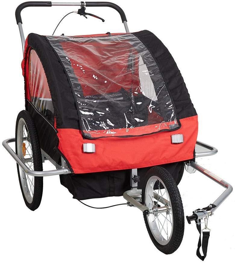 Double Child Kids Bike Trailer Bicycle Carrier 2-Seater Baby Stroller Jogger for Outdoor Travel Walking Cycling, 2-in-1, Red - Bosonshop