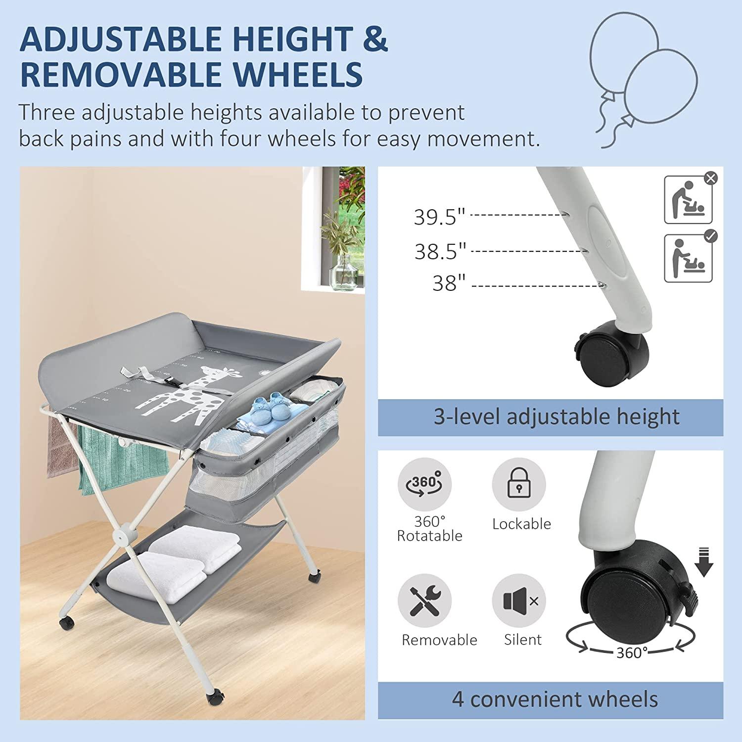 (Out of Stock) Folding Portable Baby Diaper Changing Station with Wheels, Adjustable Height Changing Table - Bosonshop