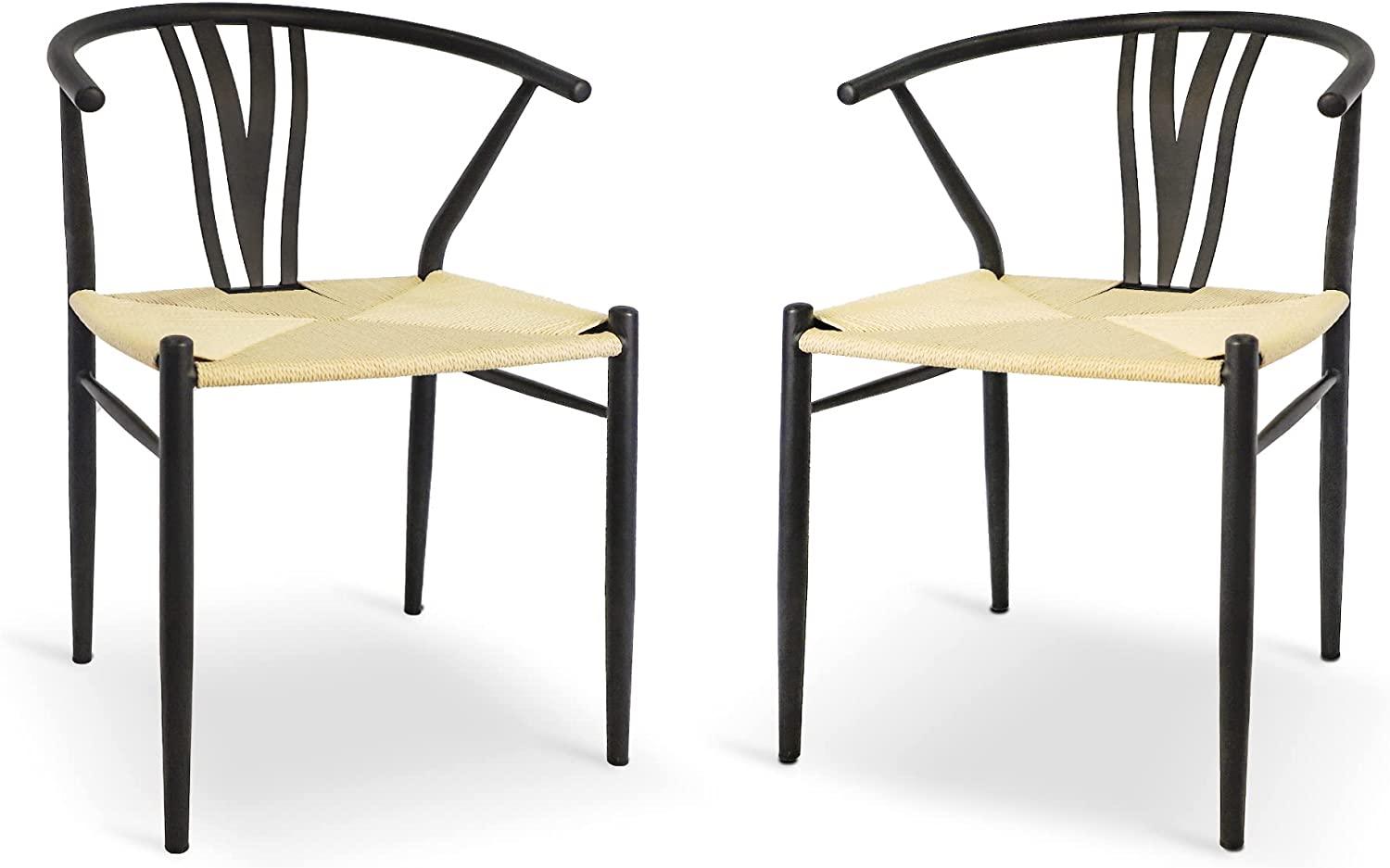 Set of 2 Mid-Century Modern Hand-Woven Paper Rattan Dining Side Chairs - Bosonshop