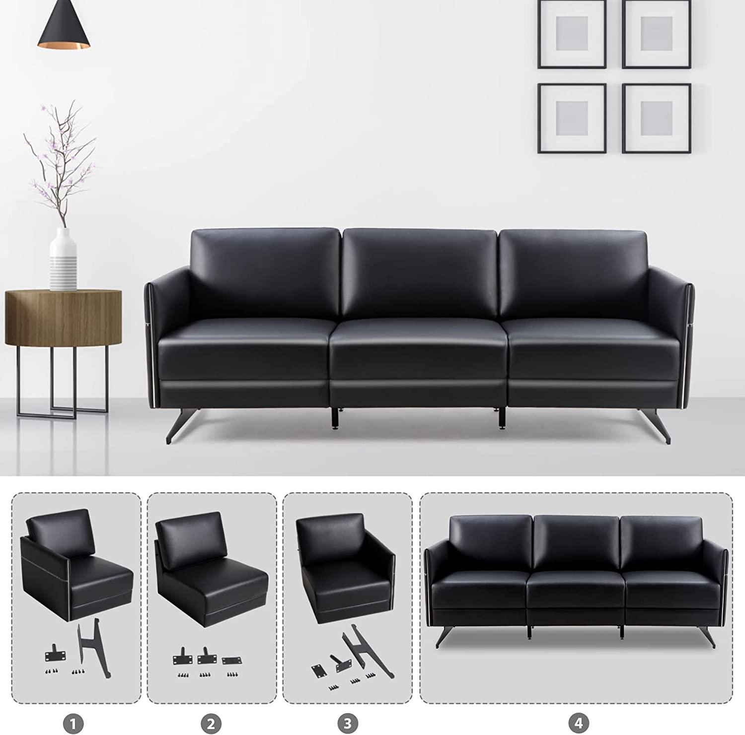 Modern Black Faux Leather Sectional 3 Seaters Sofa Couch Accent Arm Chair w/ Armrest & Comfy Cushion - Bosonshop