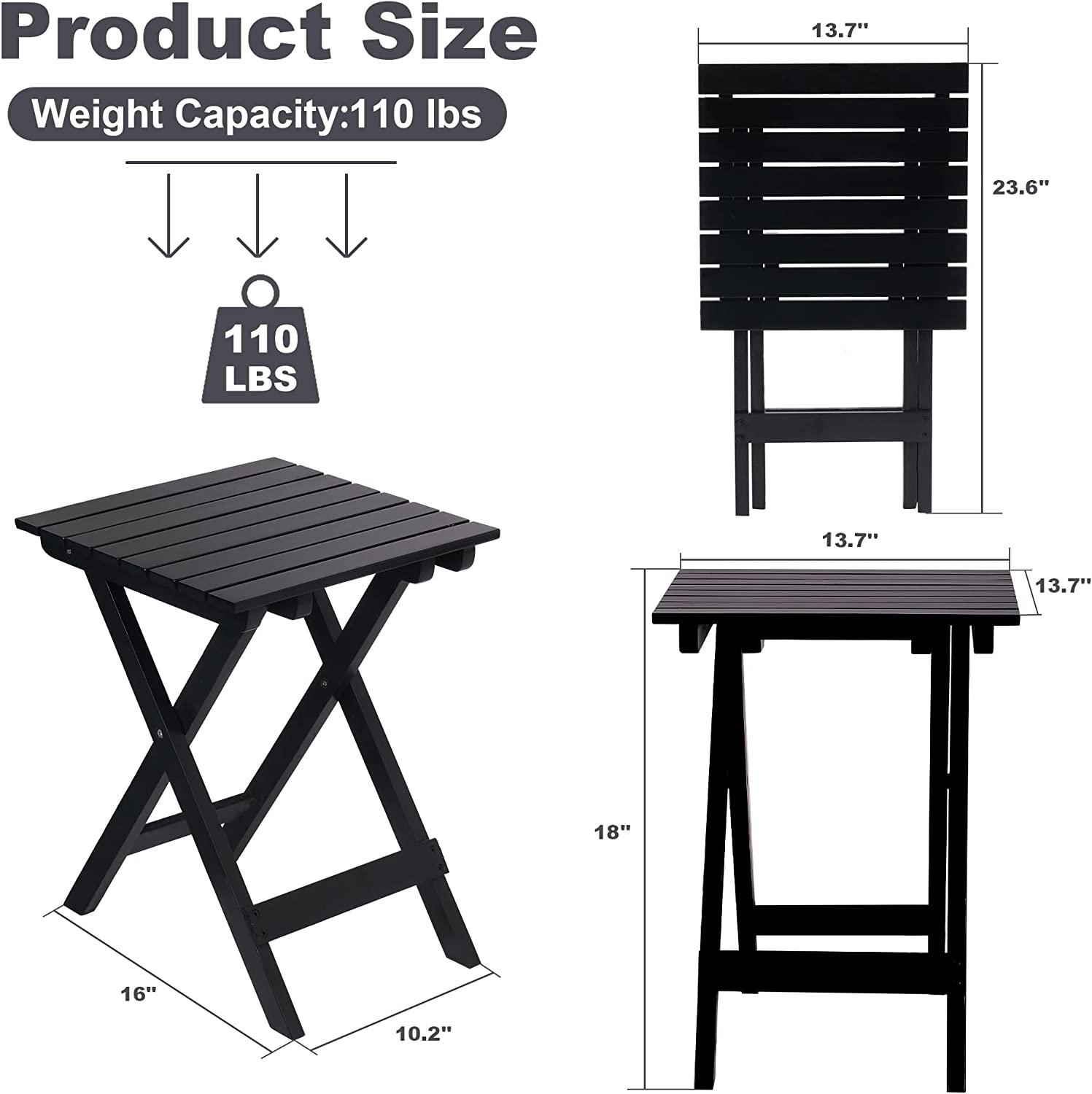 Outdoor Wooden Folding Square Side Table, Portable Lounge End Table, Black - Bosonshop