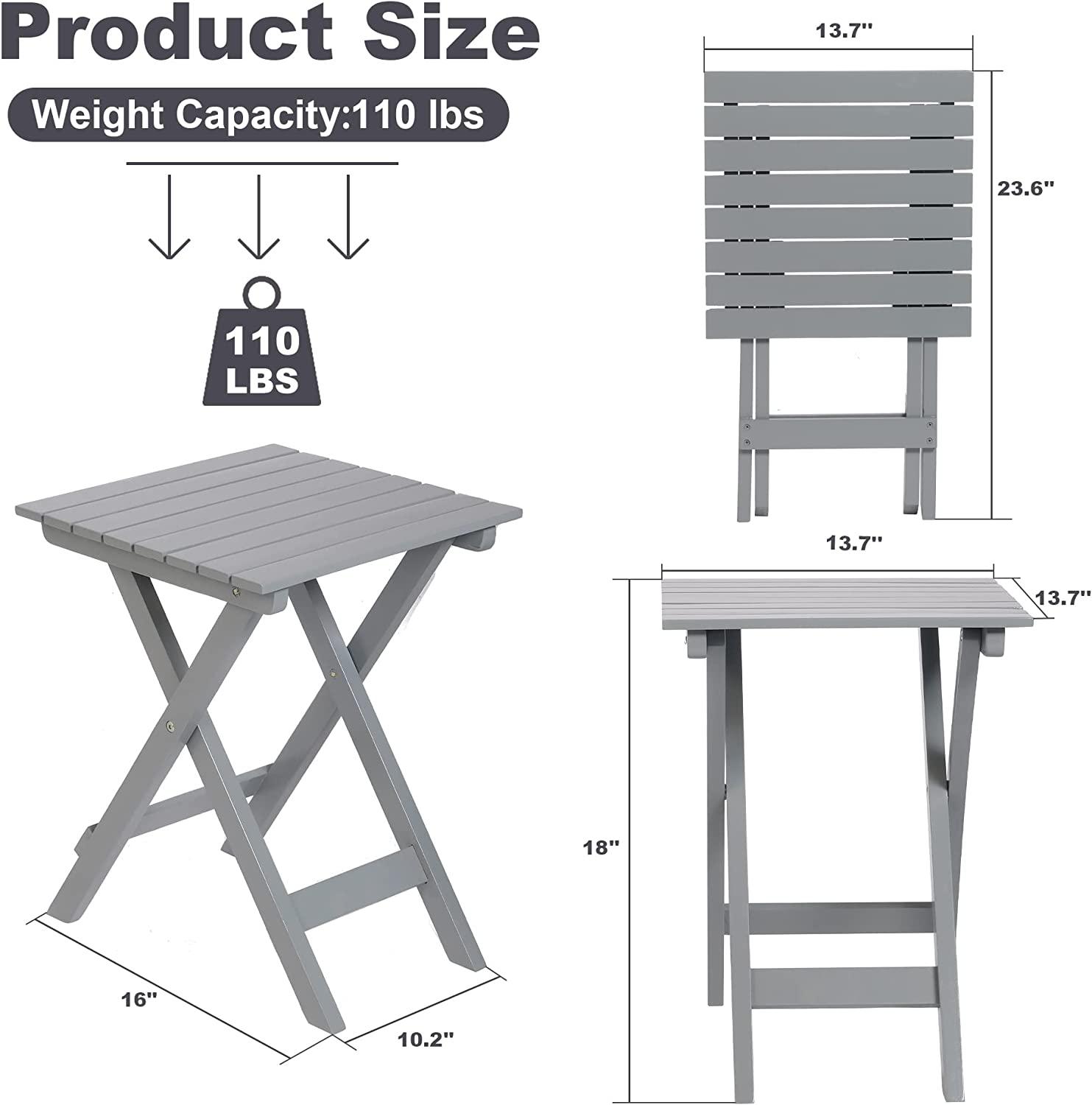 Outdoor Wooden Folding Square Side Table, Portable Lounge End Table, Grey - Bosonshop