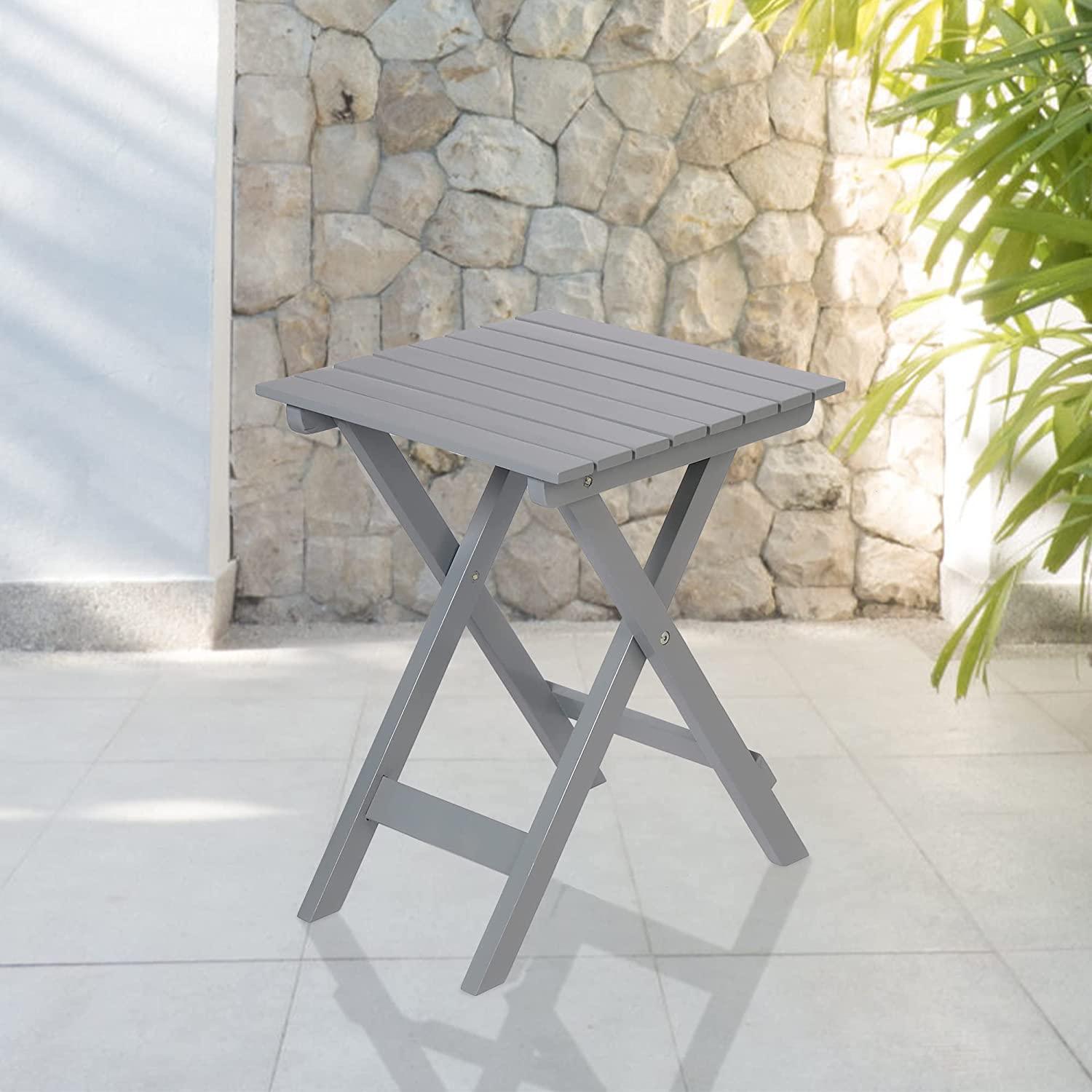 Outdoor Wooden Folding Square Side Table, Portable Lounge End Table, Grey - Bosonshop