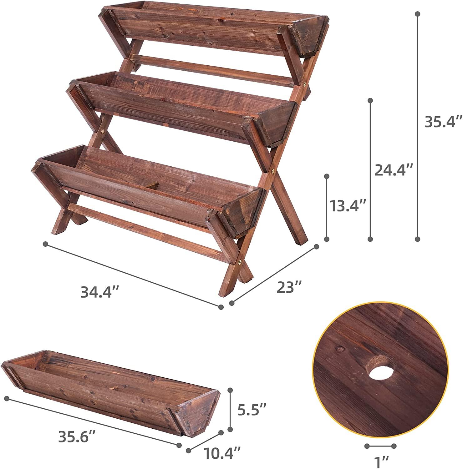 3 Tier Wooden Planter Box Container Freestanding Raised Garden Bed with Drain Holes - Bosonshop