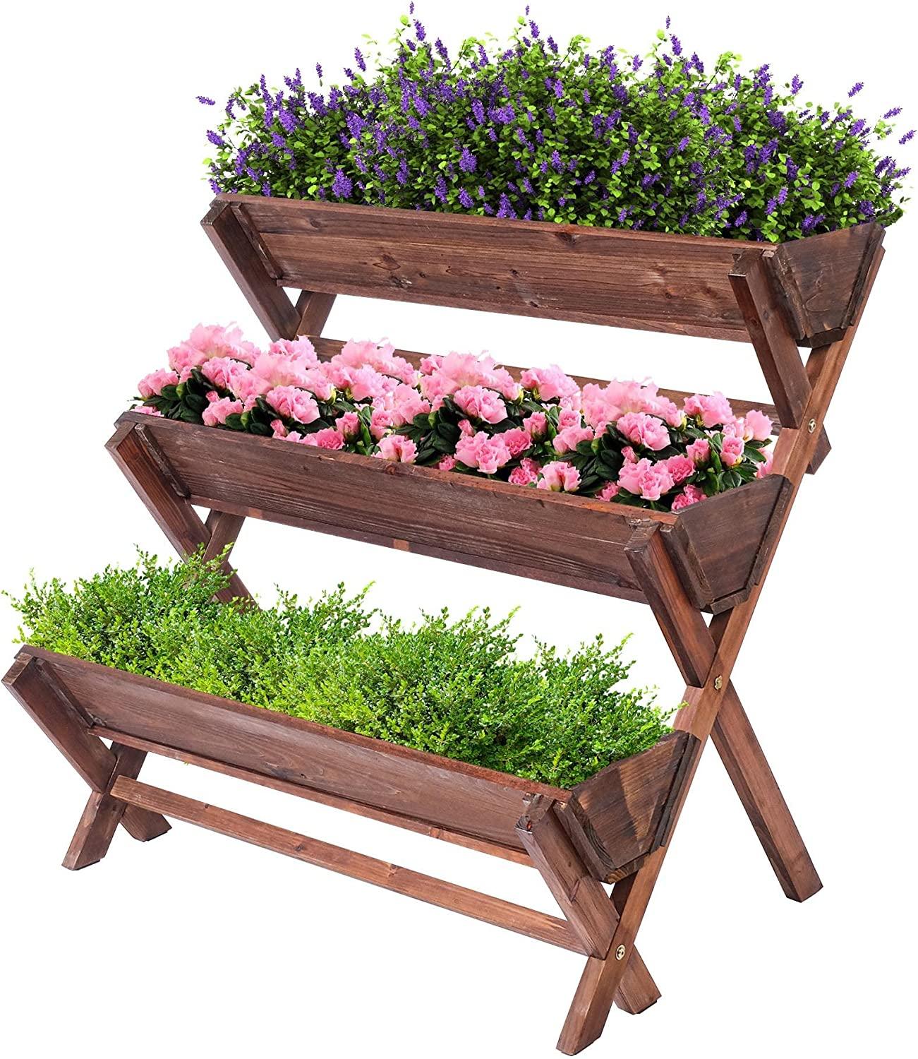 3 Tier Wooden Planter Box Container Freestanding Raised Garden Bed with Drain Holes - Bosonshop