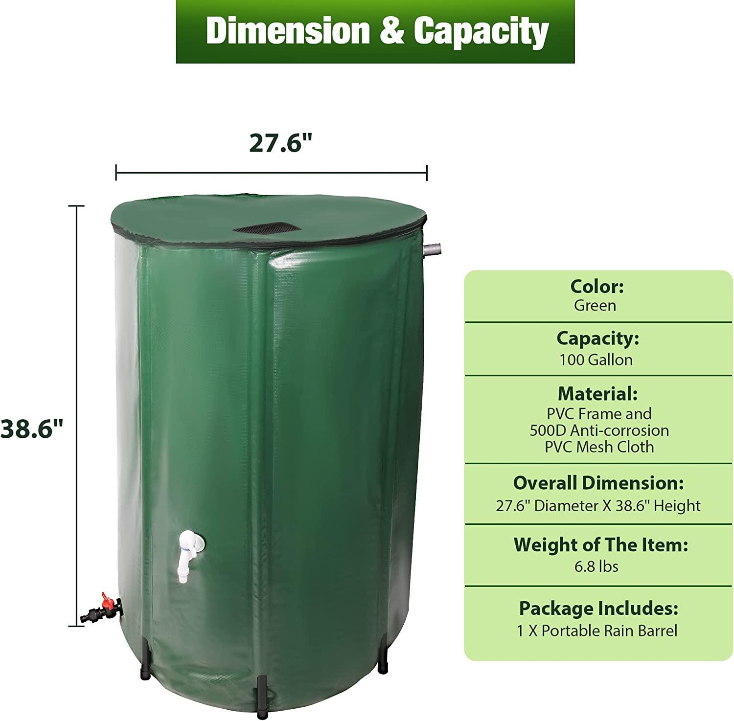 Rain Barrel Water Collector Rainwater Storage Container 100 Gallon, Green - Bosonshop