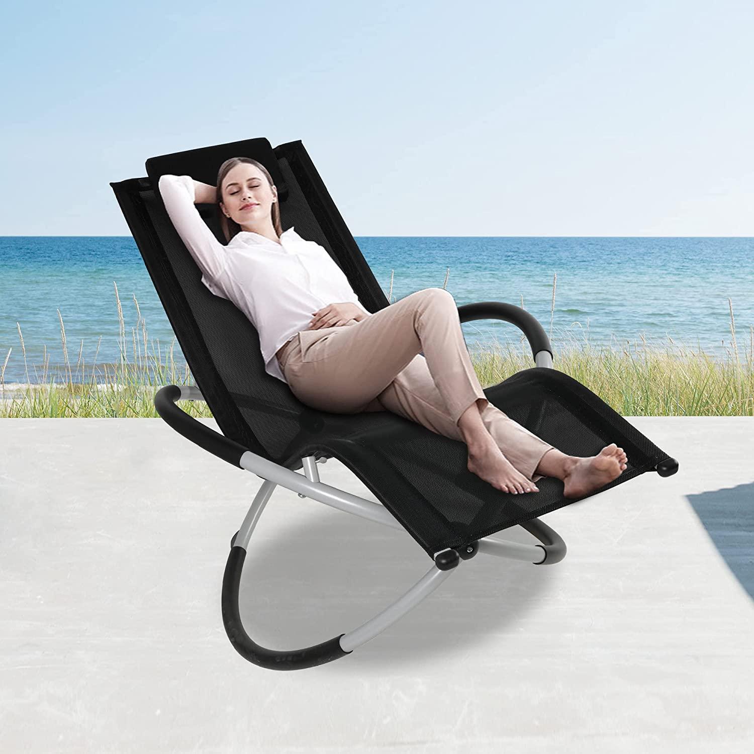 Patio Rocking Lounge Chair, Foldable Rocking Chair Sun Lounger with Headrest Pillow - Bosonshop