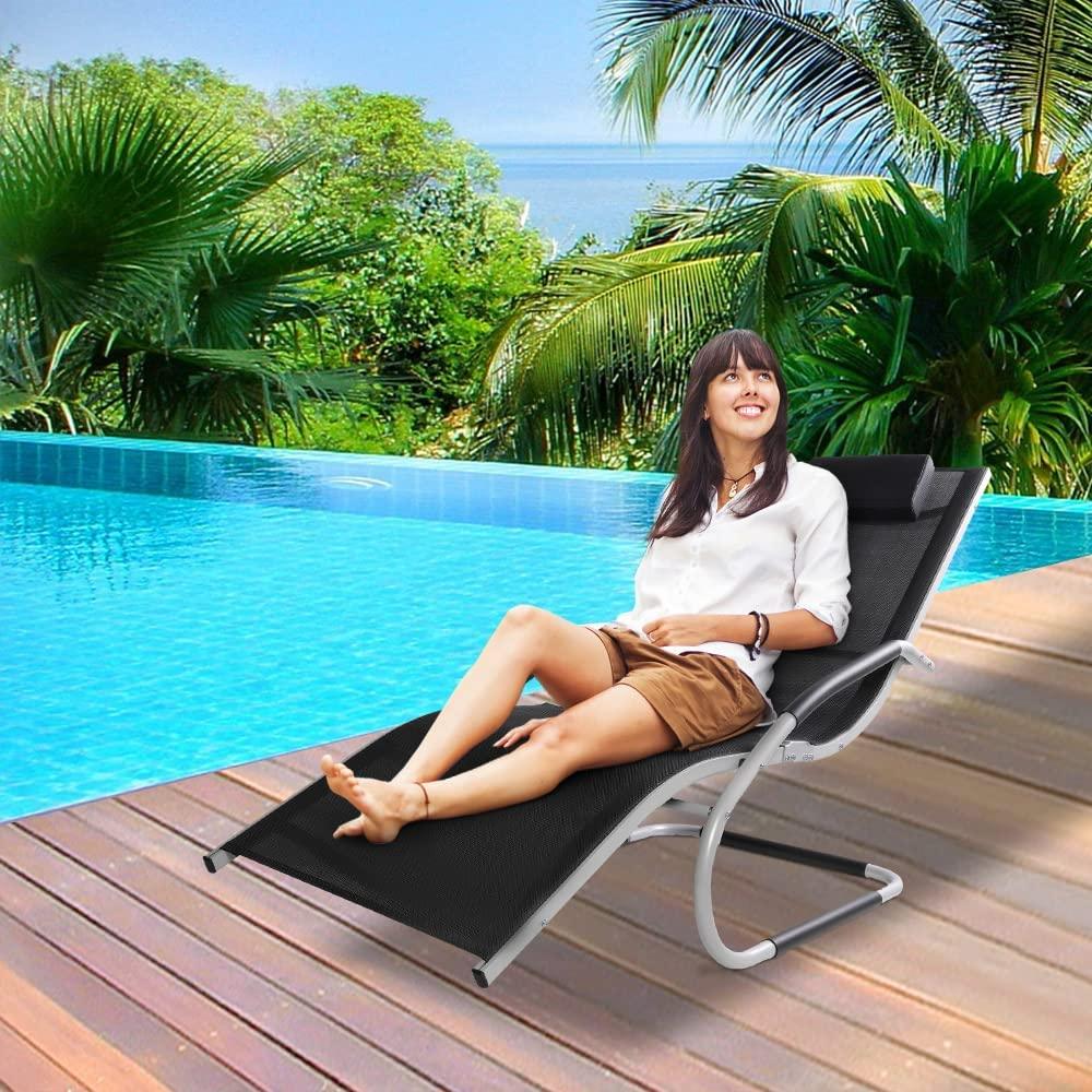 Patio Lounge Chair w/Removable Pillow, Breathable Textline Fabric for Patio, Deck, and Poolside - Bosonshop