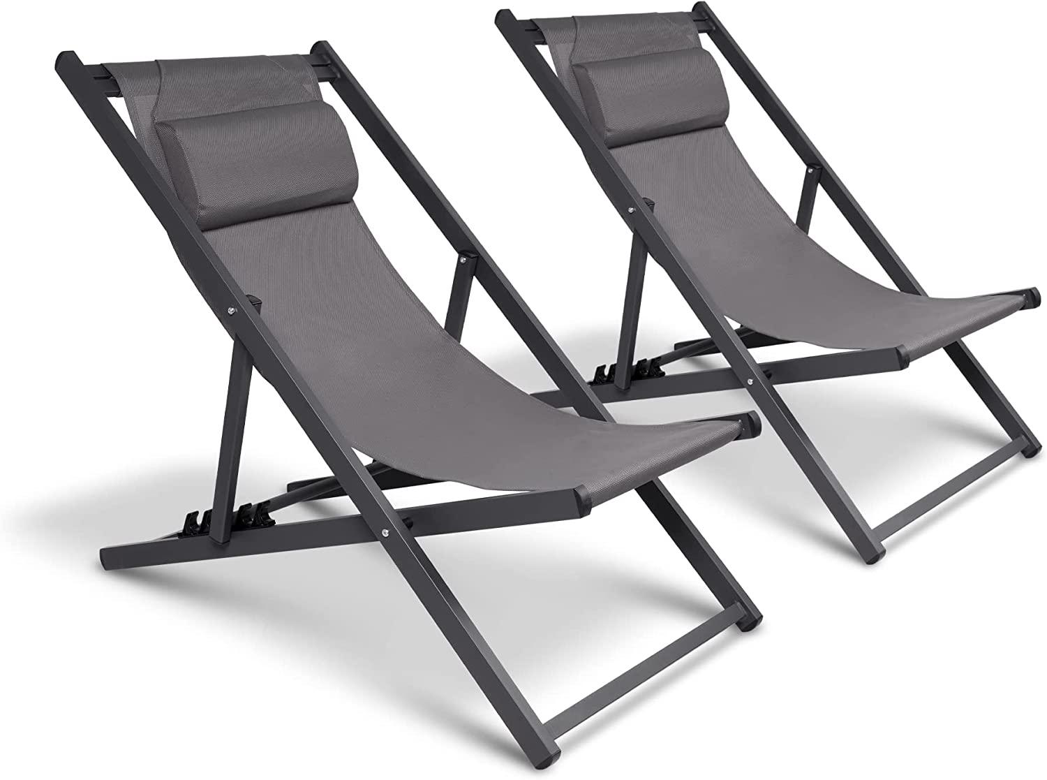 Beach Sling Chair Set of 2 Recling Camping Lounge Chairs with Headrest, Dark Gray - Bosonshop