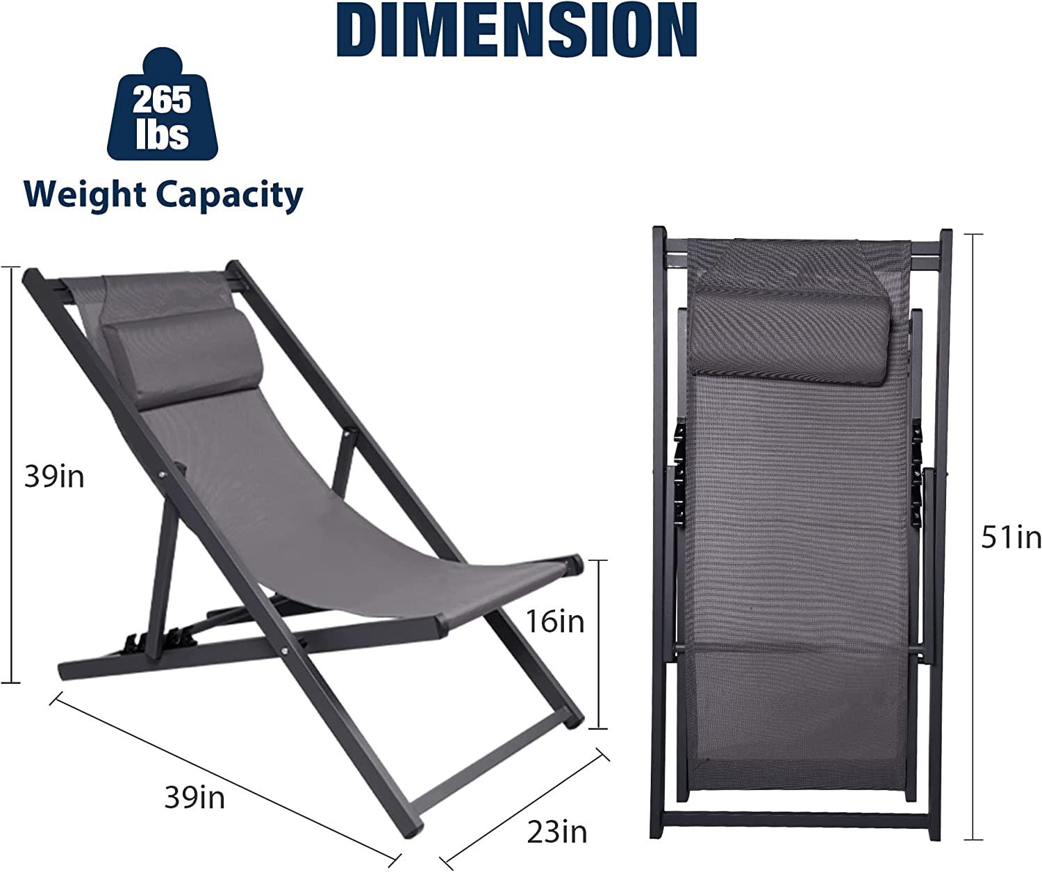 Beach Sling Chair Set of 2 Recling Camping Lounge Chairs with Headrest, Dark Gray - Bosonshop