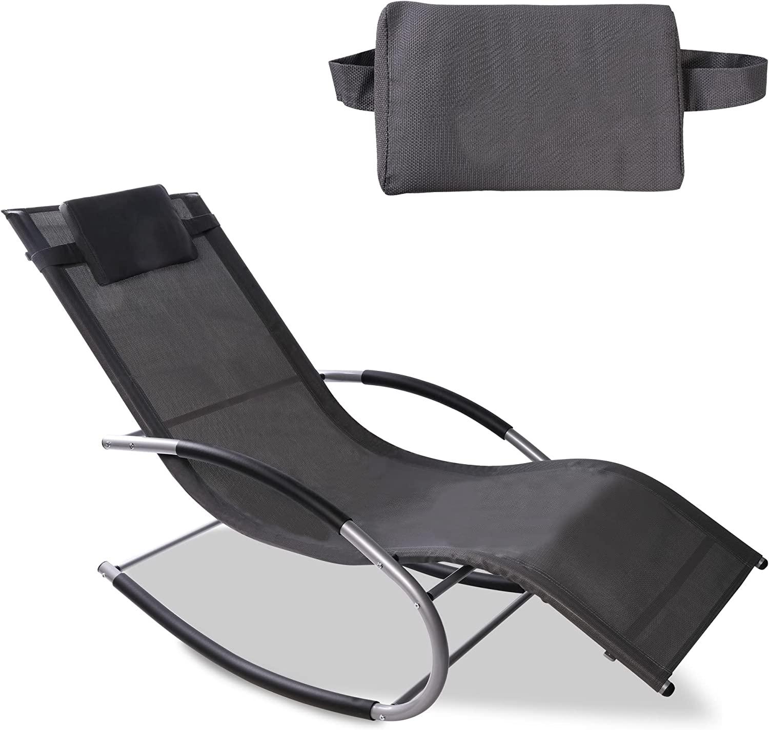 Patio Rocking Lounge Chair, Outdoor U Curved Rocker Chair w/ Removable Pillow, Gray - Bosonshop