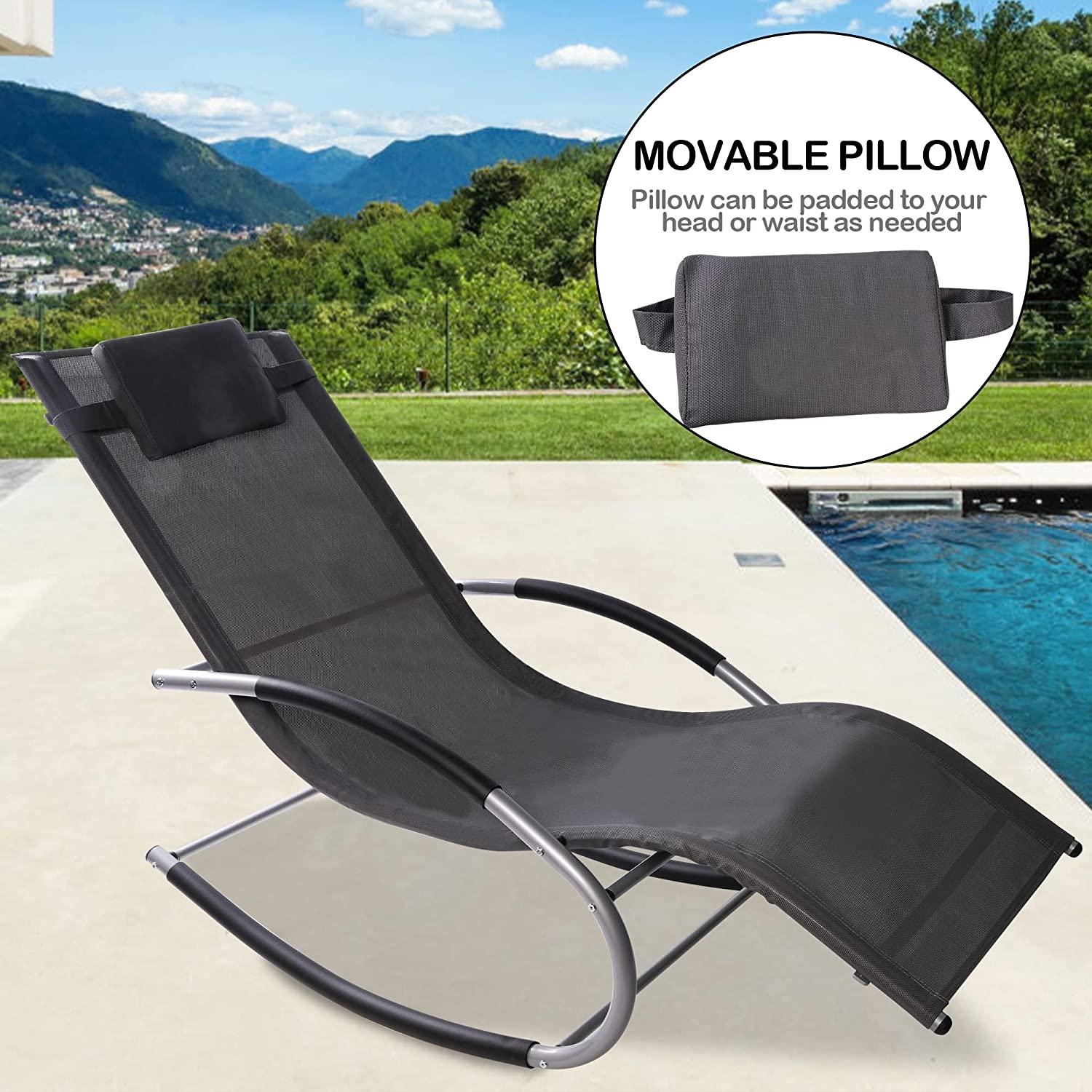 Patio Rocking Lounge Chair, Outdoor U Curved Rocker Chair w/ Removable Pillow, Gray - Bosonshop