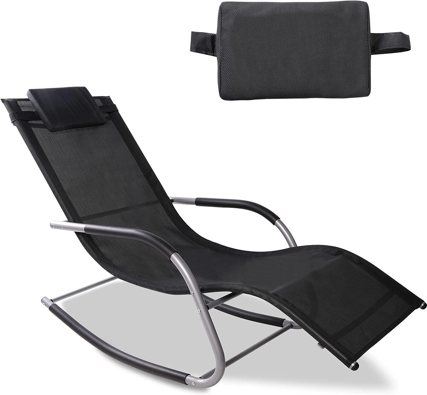 Patio Curved Rocker Chaise Lounge Chairs Rocking Chairs w/ Removable Pillow, Black - Bosonshop