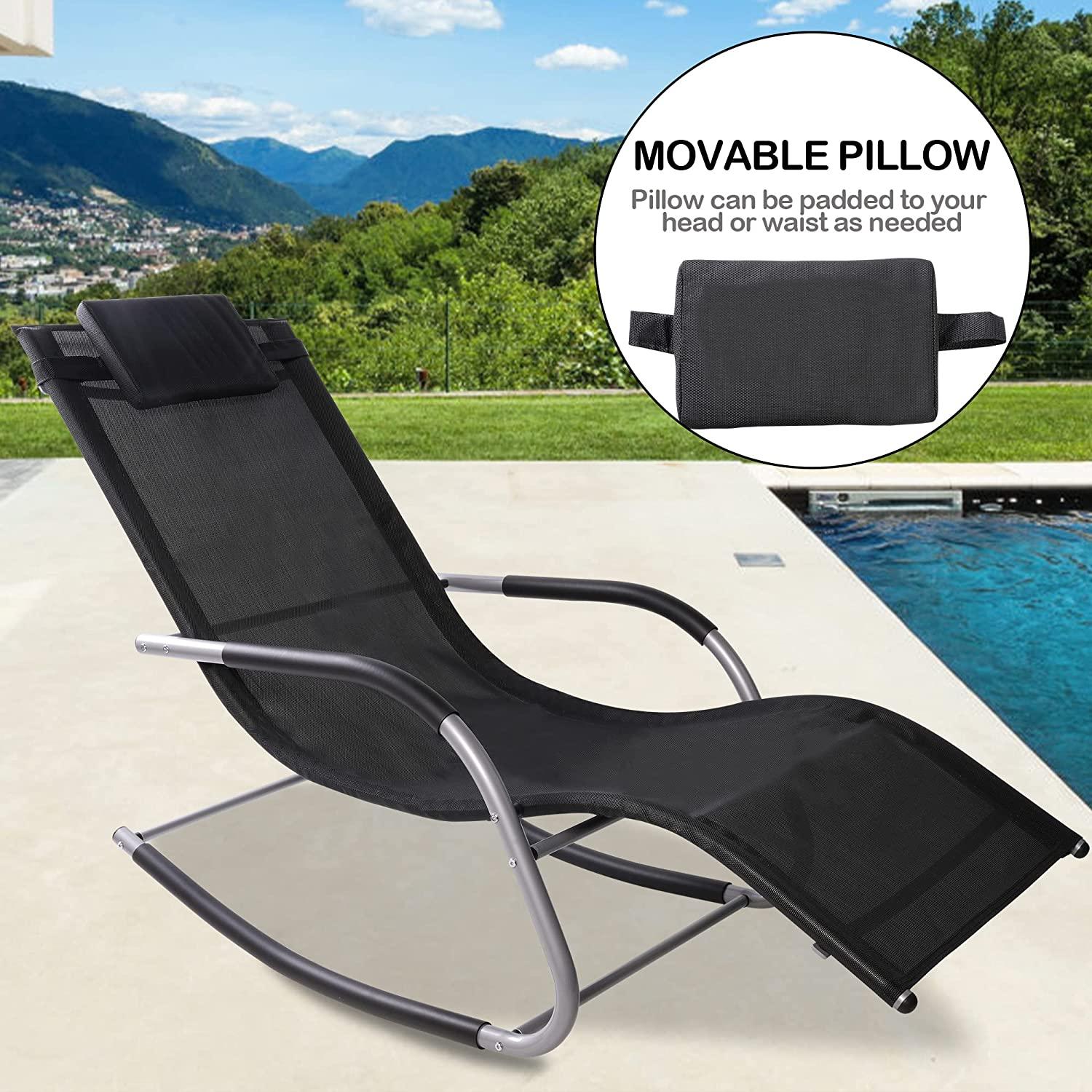 Patio Curved Rocker Chaise Lounge Chairs Rocking Chairs w/ Removable Pillow, Black - Bosonshop