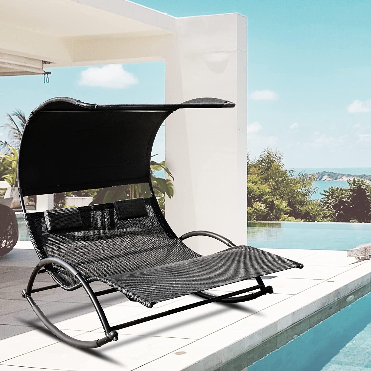 Outdoor Double Chaise Lounge Bed Chair Sun Lounger with Canopy & Both Removable Pillows - Bosonshop