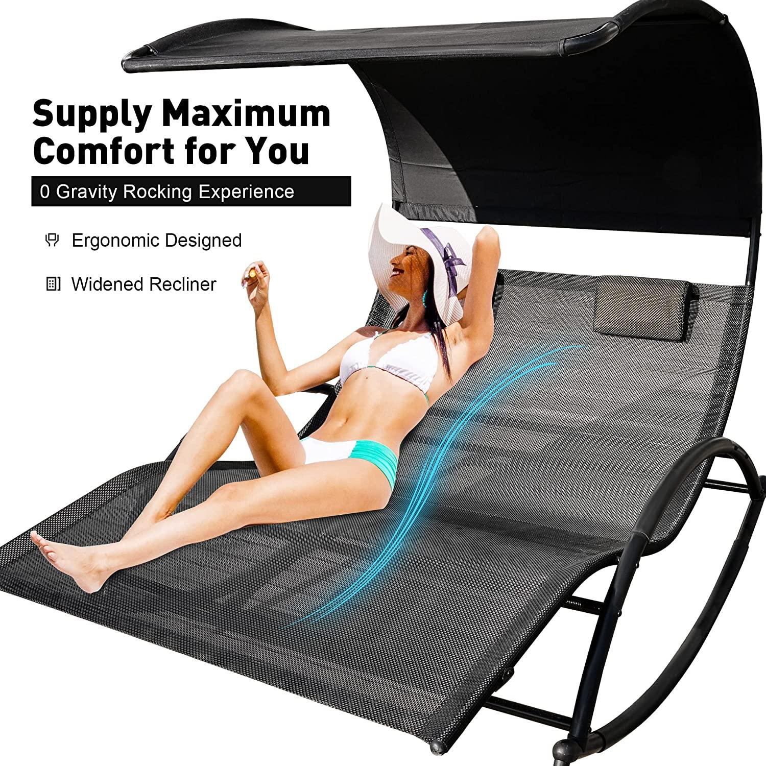 Outdoor Double Chaise Lounge Bed Chair Sun Lounger with Canopy & Both Removable Pillows - Bosonshop