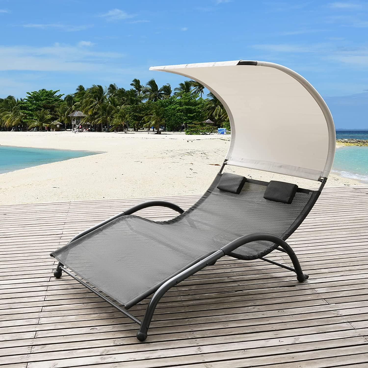 Outdoor Double Chaise Lounge Bed Chair with Canopy & Both Removable Pillows - Bosonshop