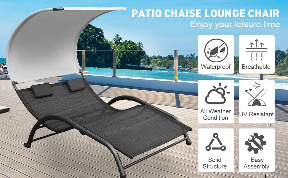 Outdoor Double Chaise Lounge Bed Chair with Canopy & Both Removable Pillows - Bosonshop